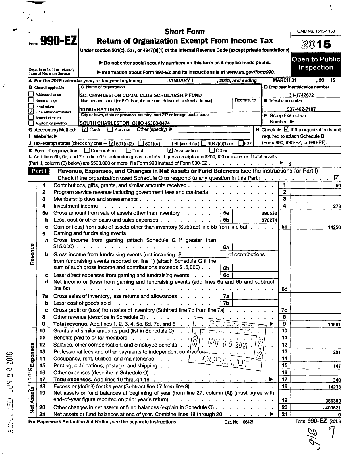 Image of first page of 2014 Form 990EZ for So Charleston Comm Club Scholarship Fund