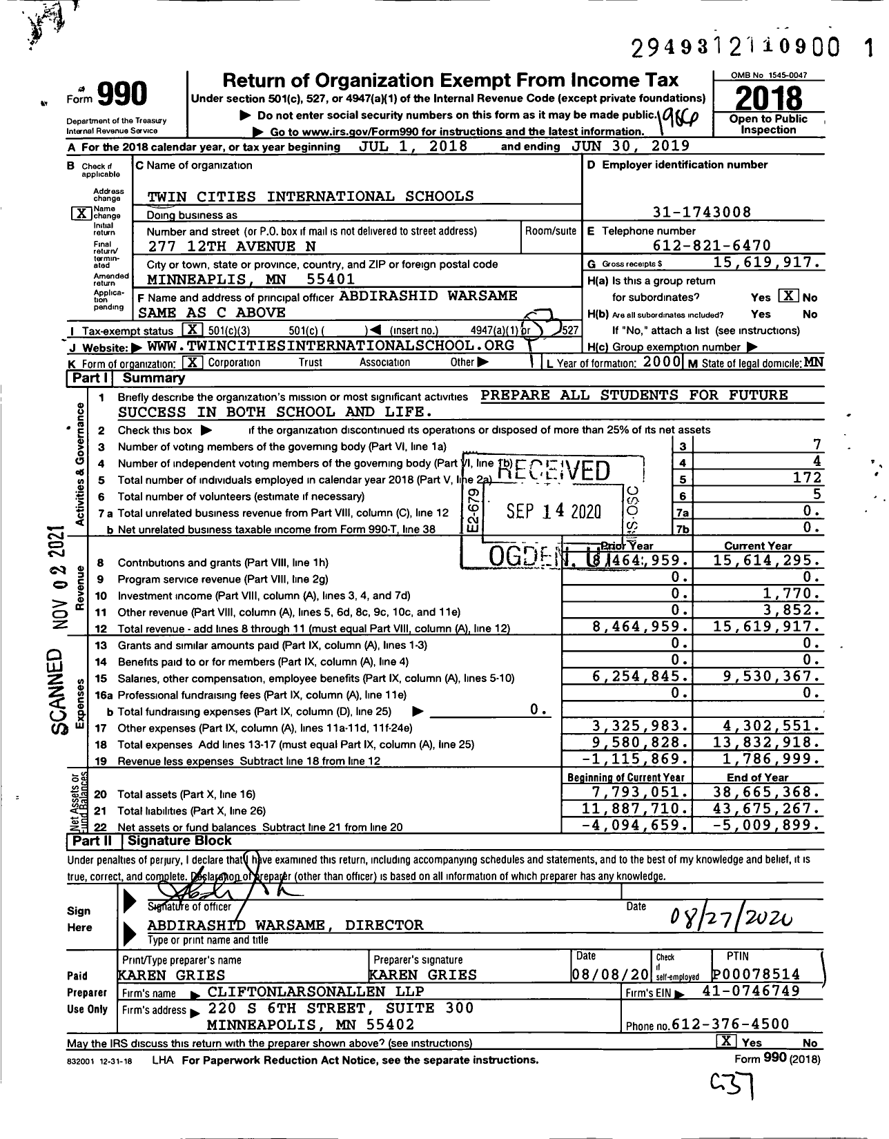 Image of first page of 2018 Form 990 for Twin Cities International Schools