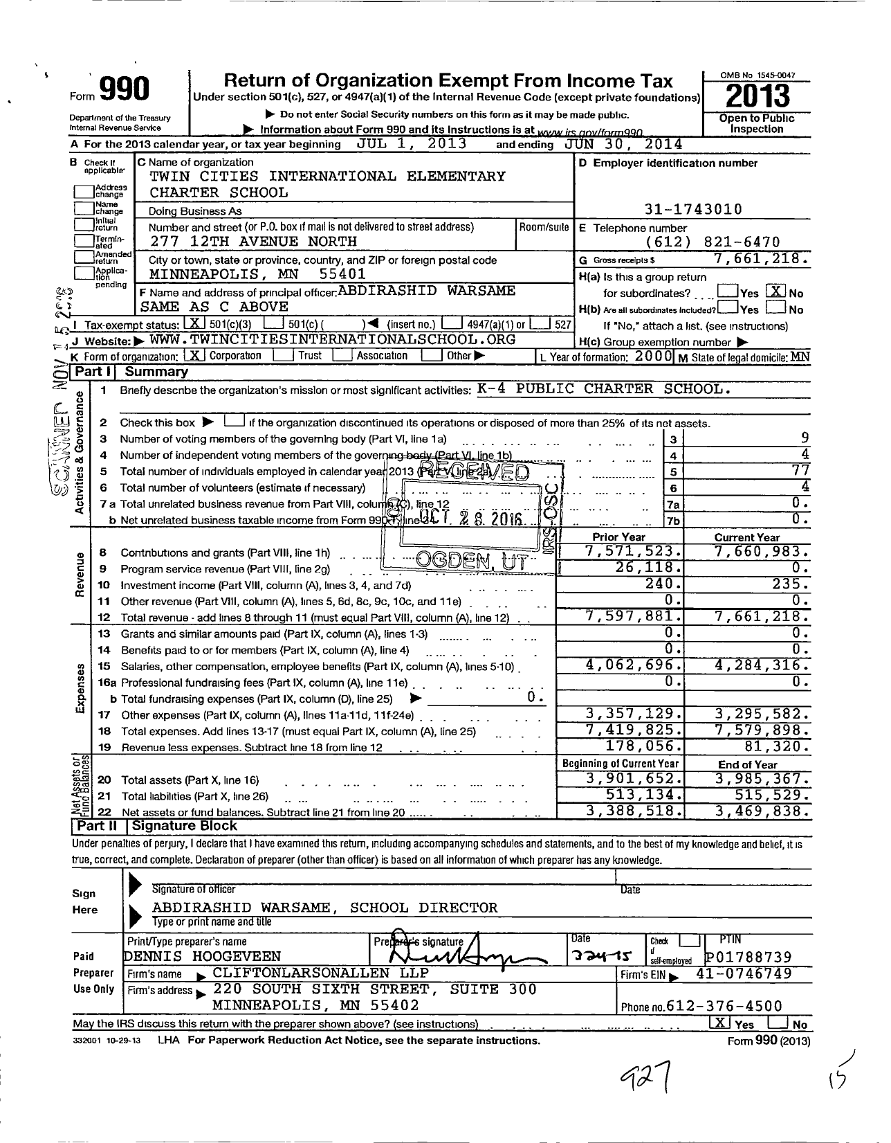 Image of first page of 2013 Form 990 for Twin Cities International Elementary Charter School