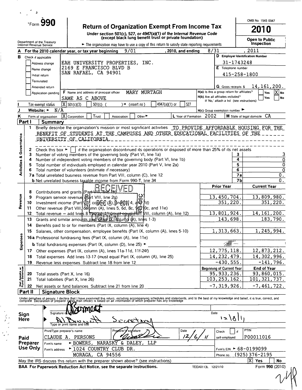 Image of first page of 2010 Form 990 for EAH University Properties