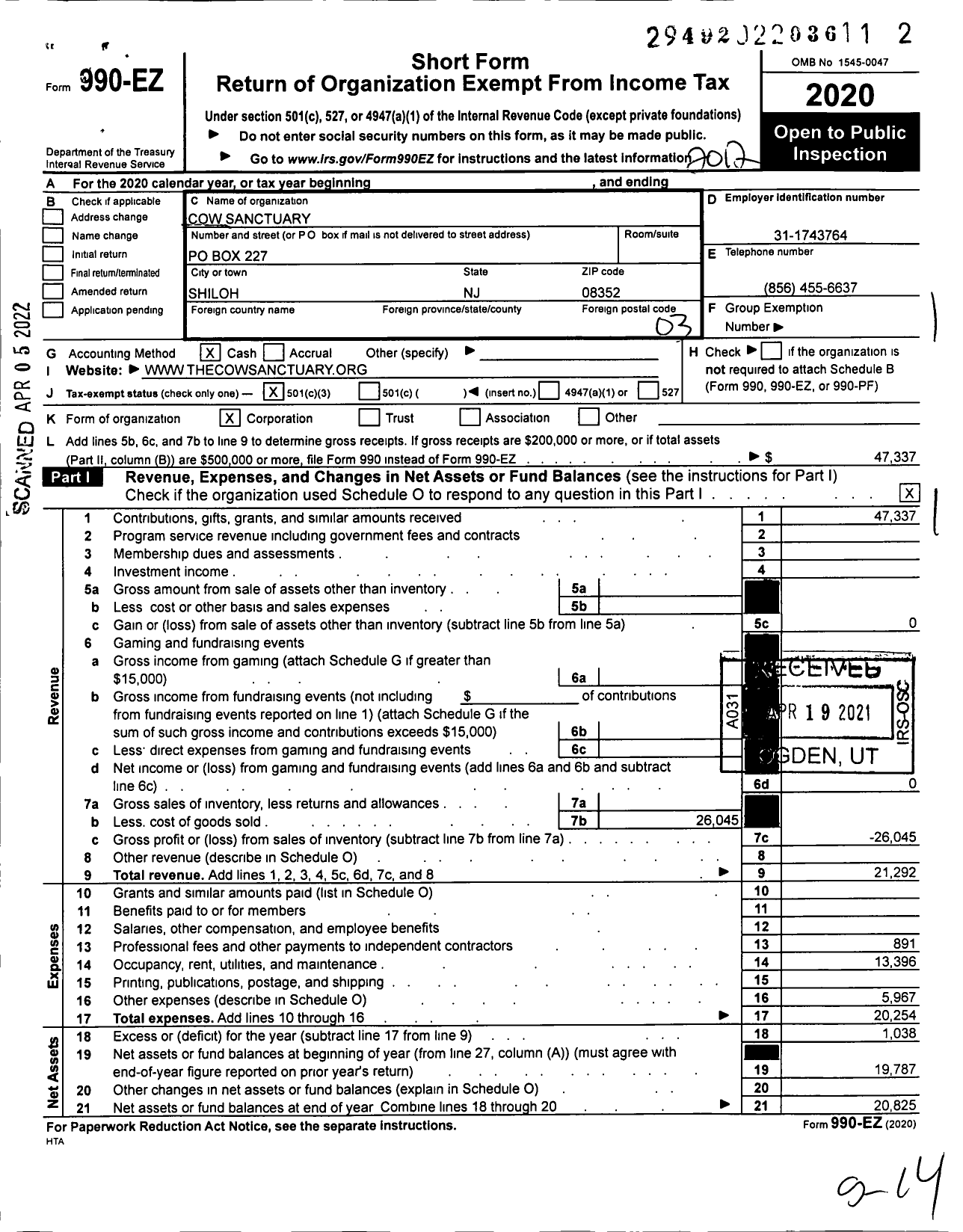 Image of first page of 2020 Form 990EZ for Cow Sanctuary