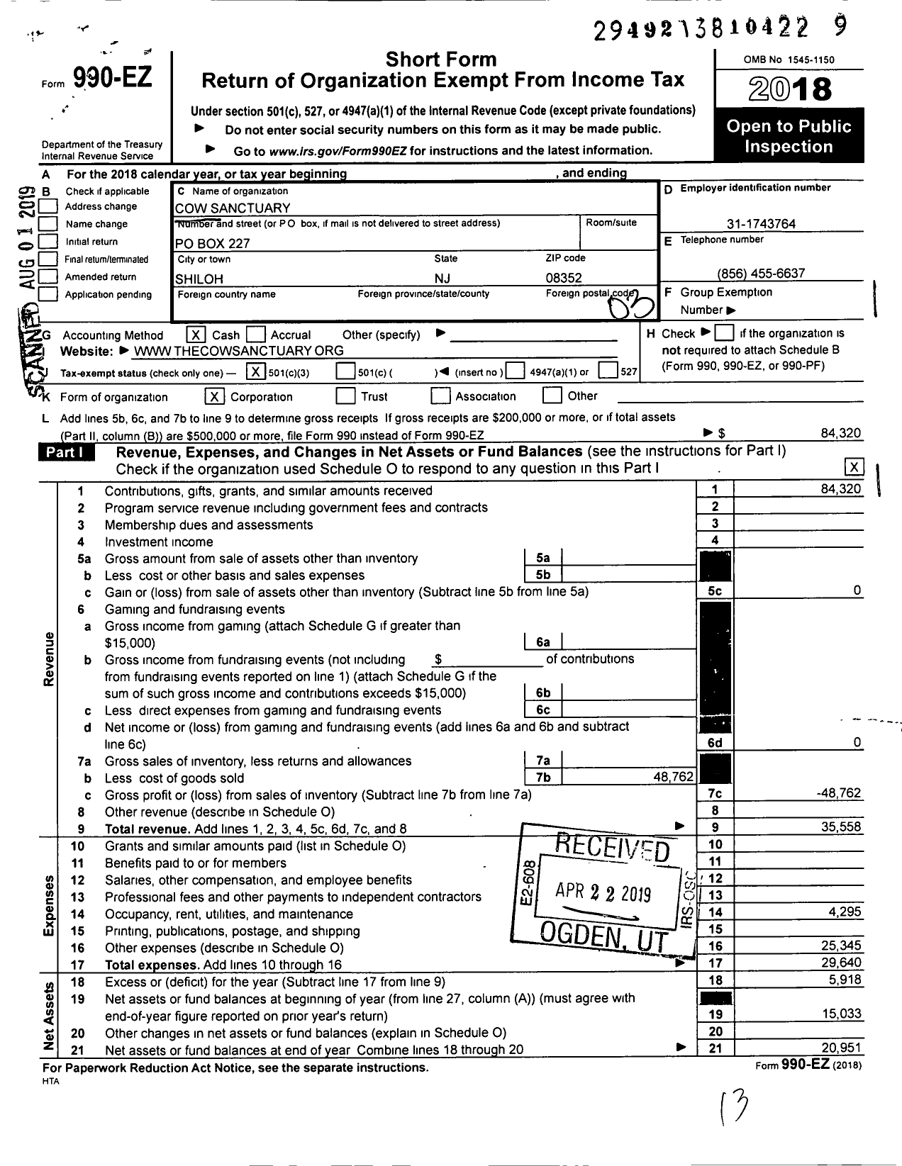 Image of first page of 2018 Form 990EZ for Cow Sanctuary