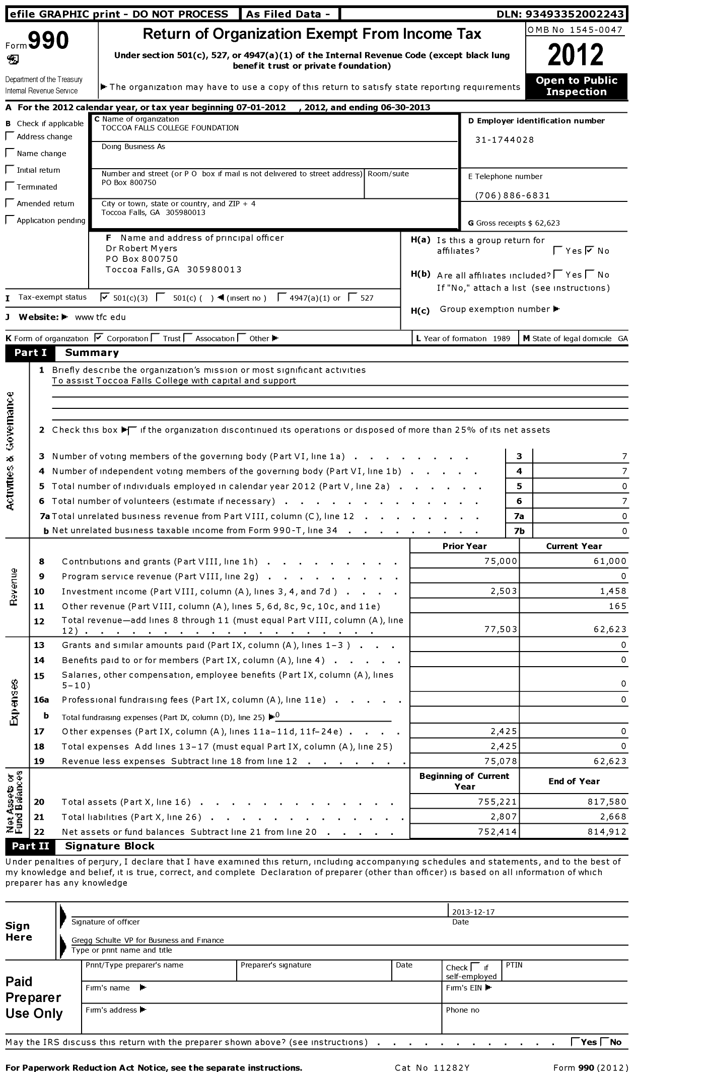 Image of first page of 2012 Form 990 for Toccoa Falls College Foundation
