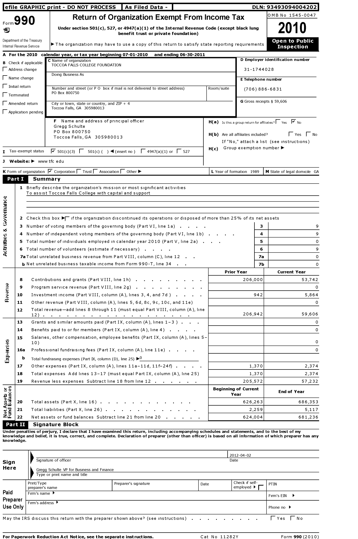 Image of first page of 2010 Form 990 for Toccoa Falls College Foundation