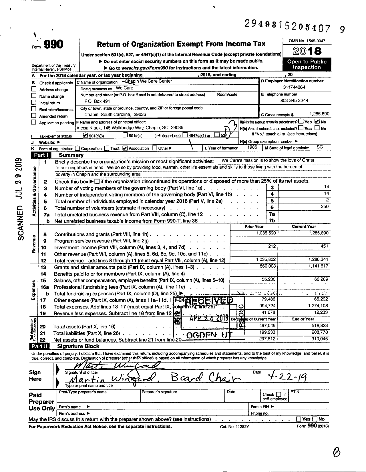 Image of first page of 2018 Form 990 for We Care / Chapin We Care Center