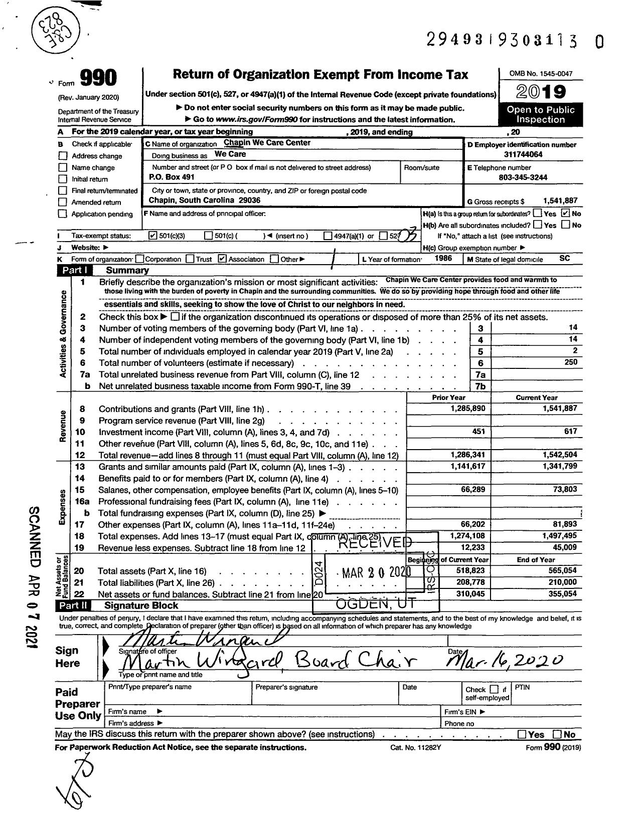 Image of first page of 2019 Form 990 for We Care / Chapin We Care Center