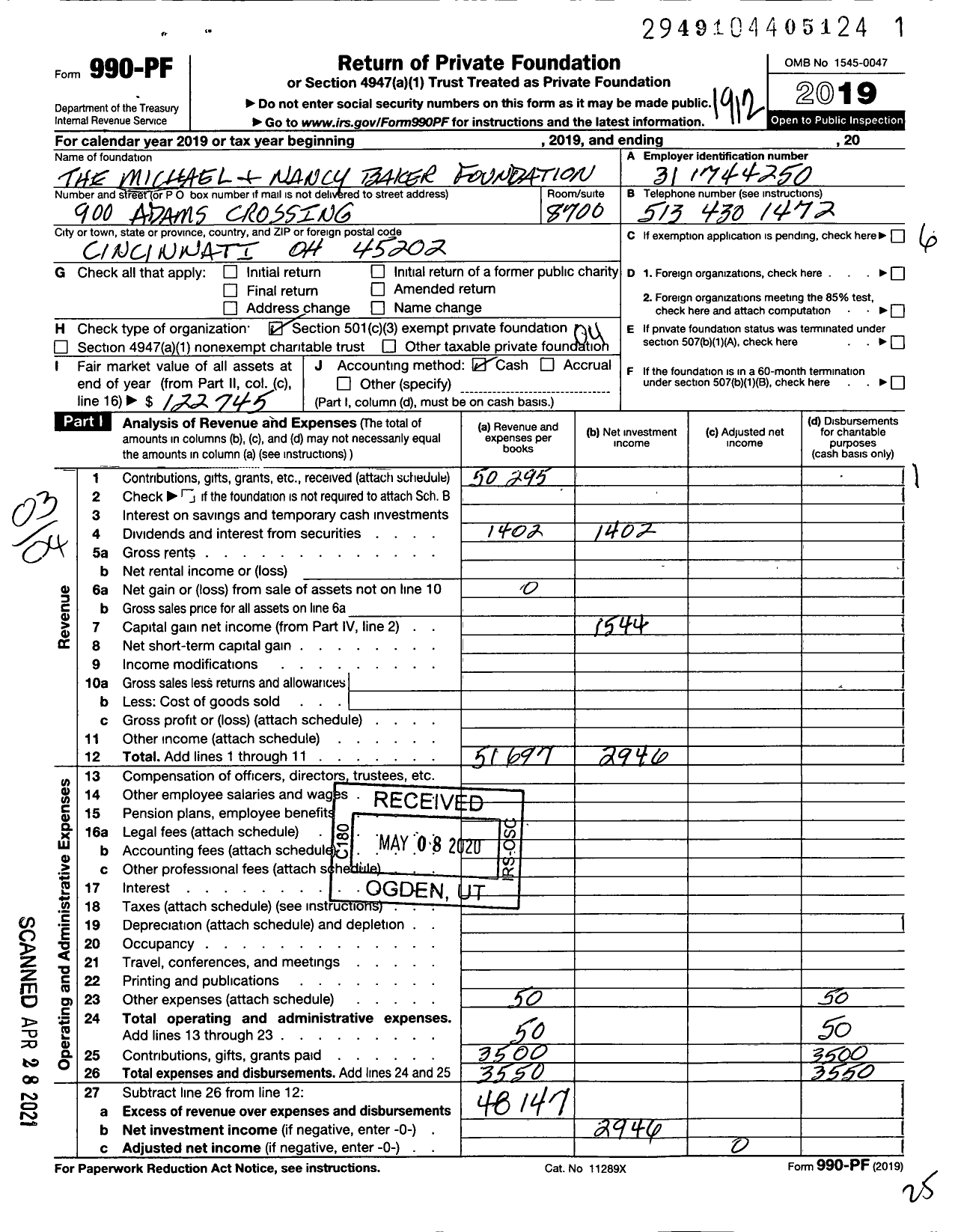 Image of first page of 2019 Form 990PF for The Michael and Nancy Baker Foundation
