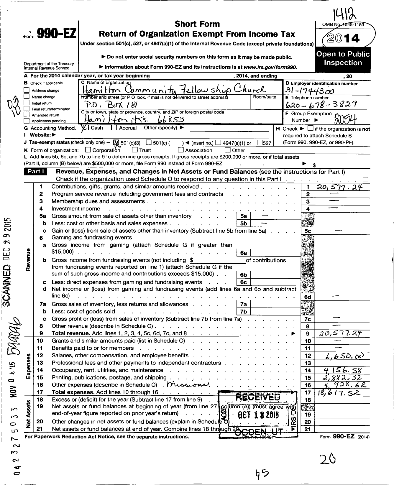 Image of first page of 2014 Form 990EZ for Kansas Nebraska Convention of Southern Baptists / Hamilton Community Fellowship