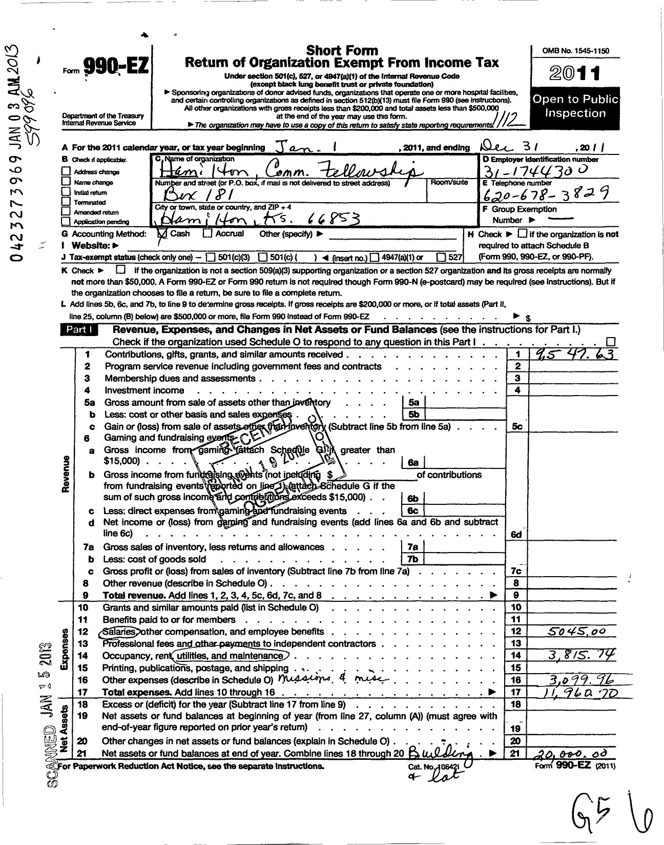 Image of first page of 2011 Form 990EO for Kansas Nebraska Convention of Southern Baptists / Hamilton Community Fellowship