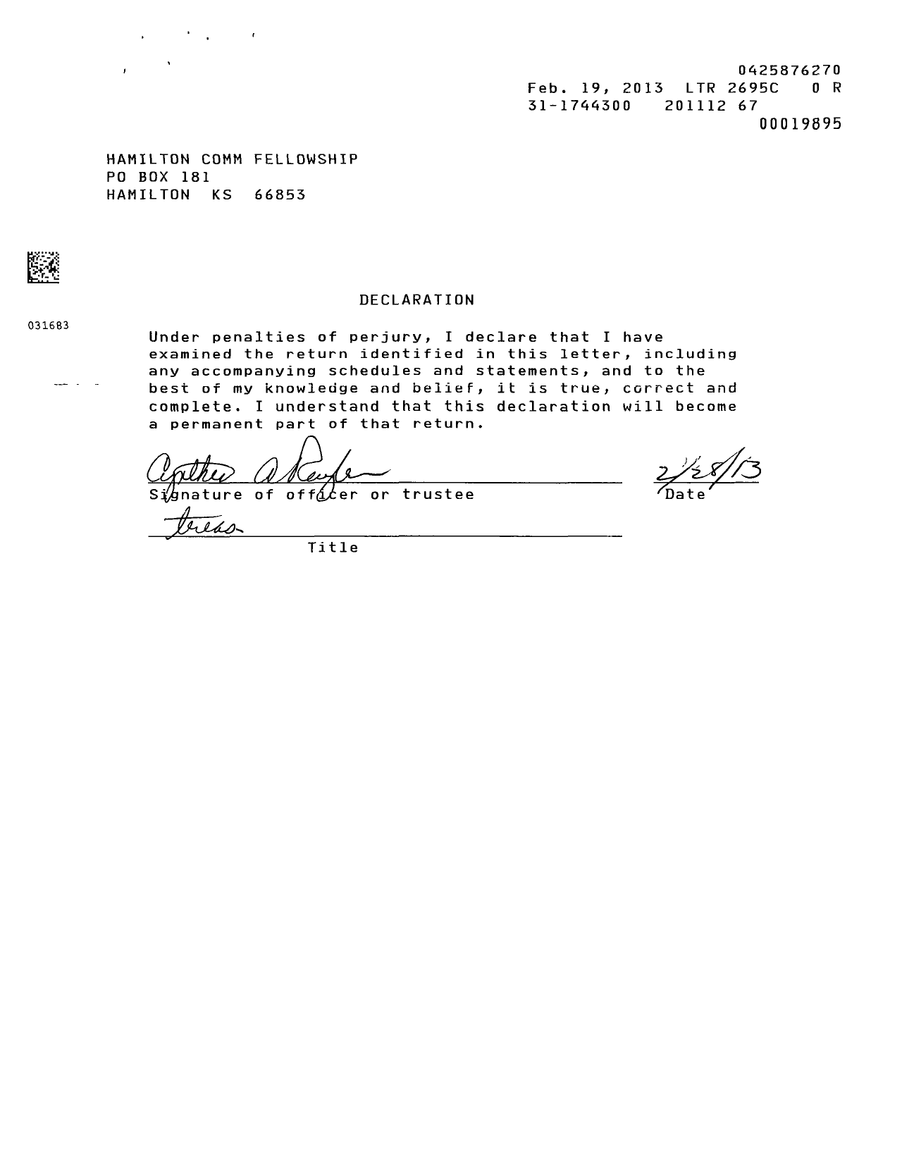 Image of first page of 2011 Form 990ER for Kansas Nebraska Convention of Southern Baptists / Hamilton Community Fellowship