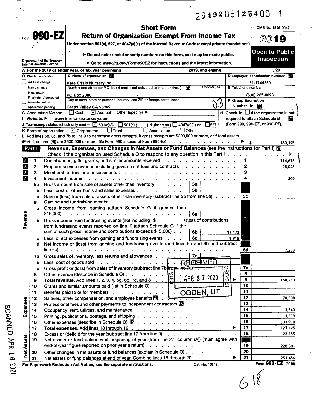 Image of first page of 2019 Form 990EZ for Kare Crisis Nursery