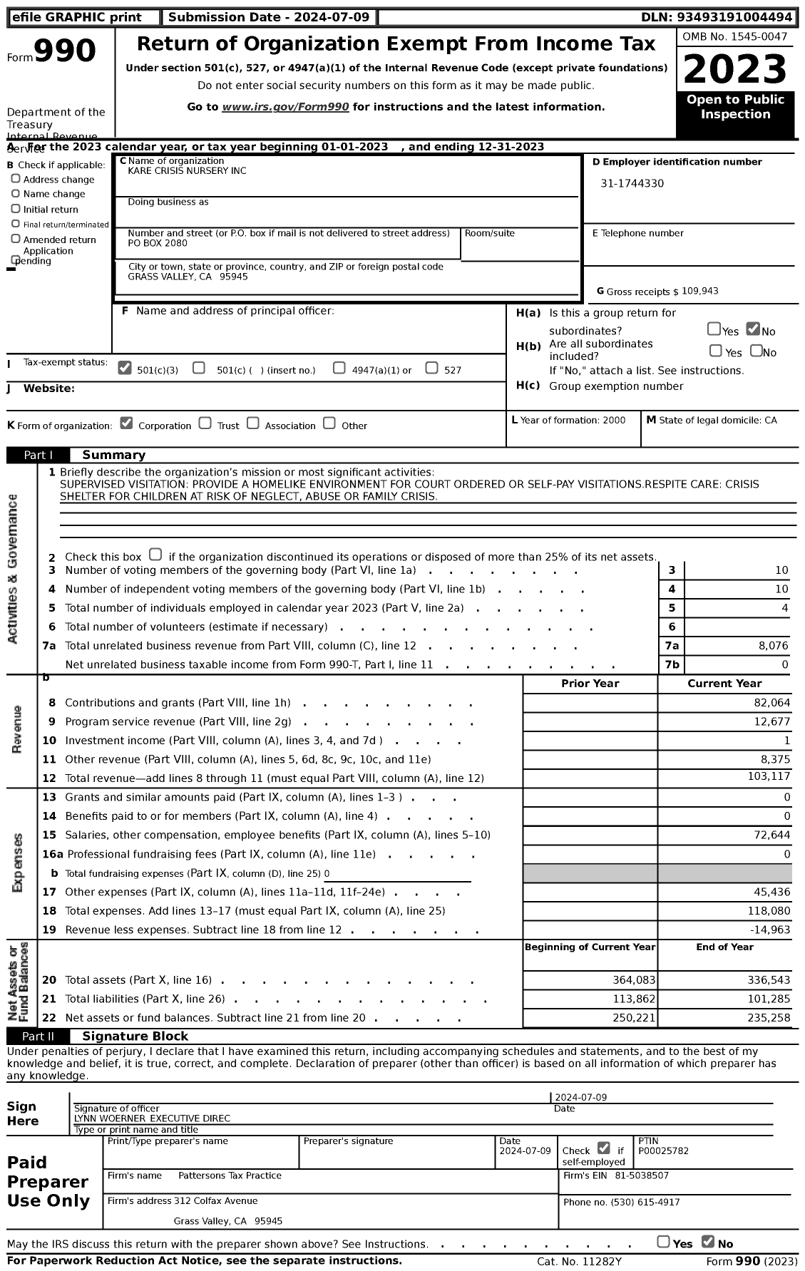 Image of first page of 2023 Form 990 for Kare Crisis Nursery