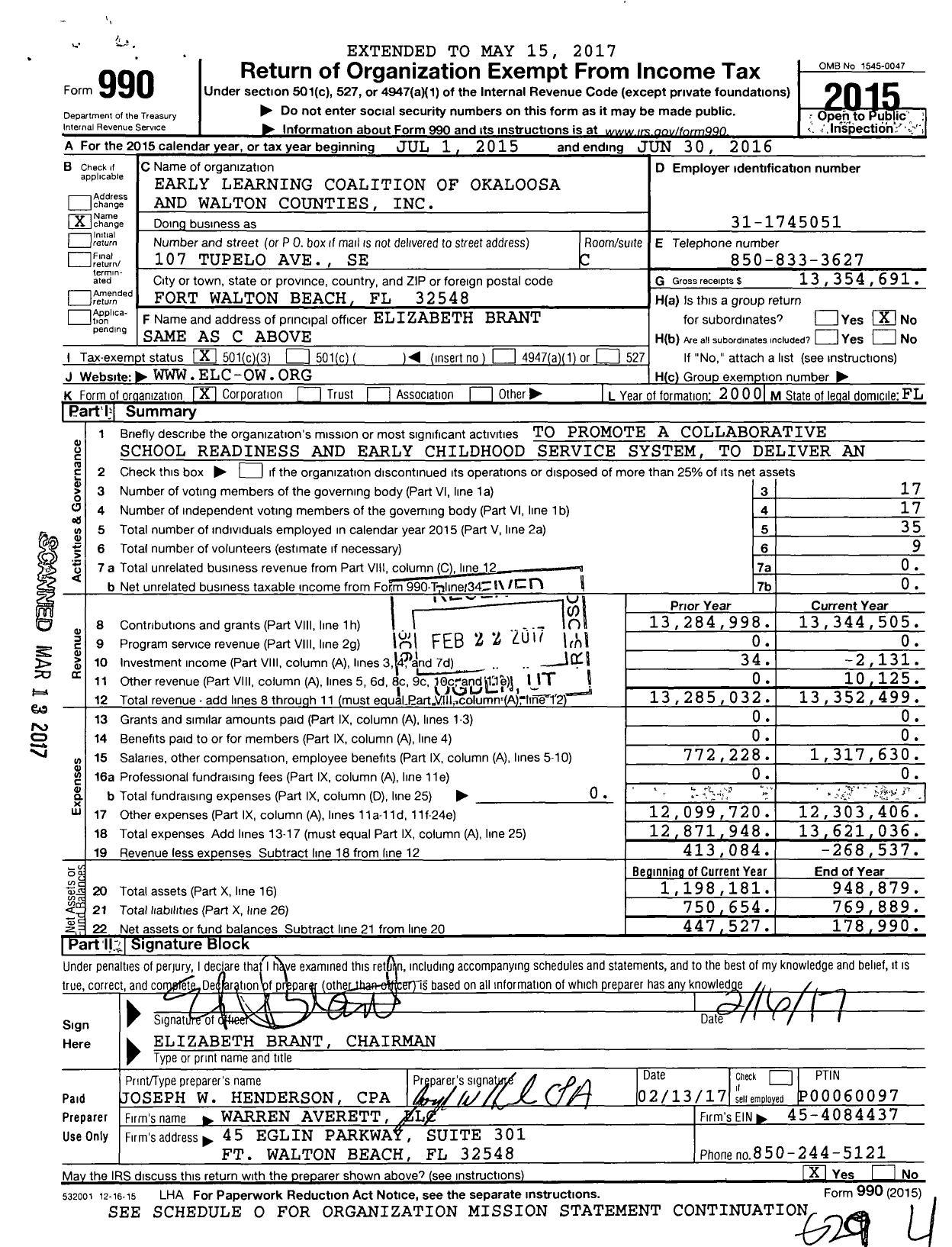 Image of first page of 2015 Form 990 for Elc Of the Emerald Coast