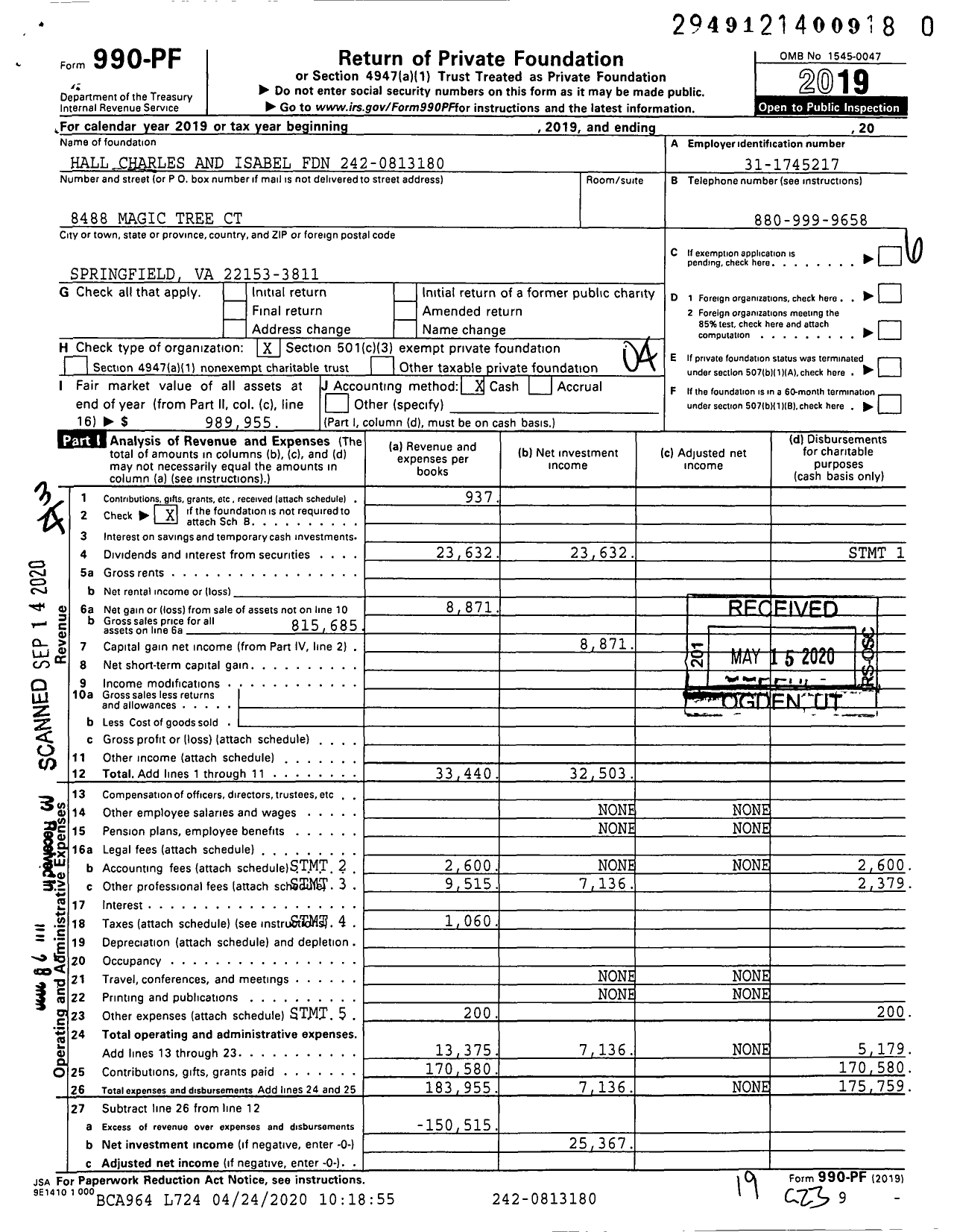 Image of first page of 2019 Form 990PR for Hall Charles and Isabel Foundation