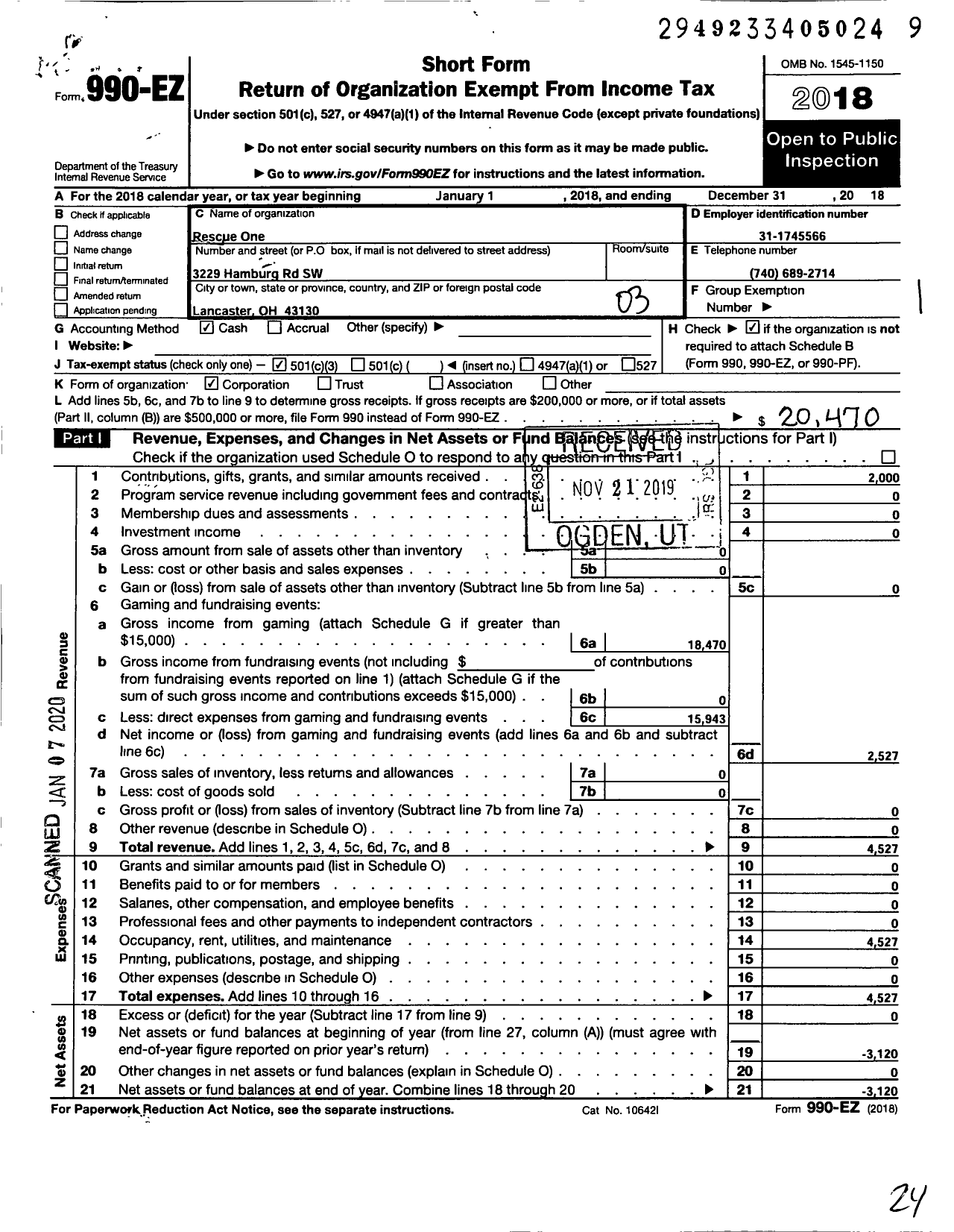 Image of first page of 2018 Form 990EZ for RescueOne