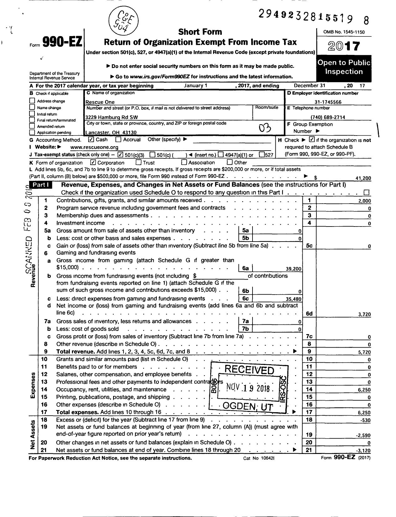 Image of first page of 2017 Form 990EZ for RescueOne