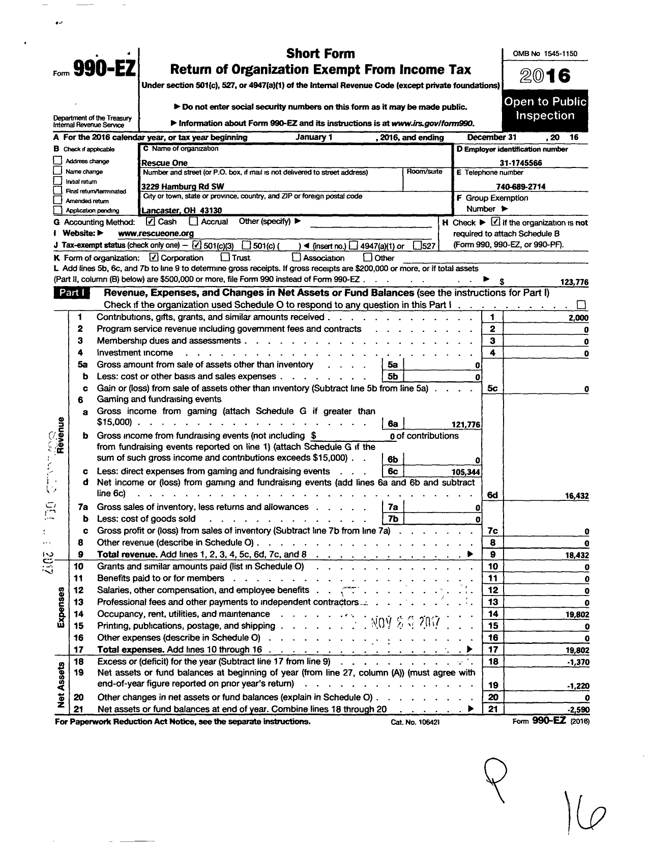 Image of first page of 2016 Form 990EZ for RescueOne