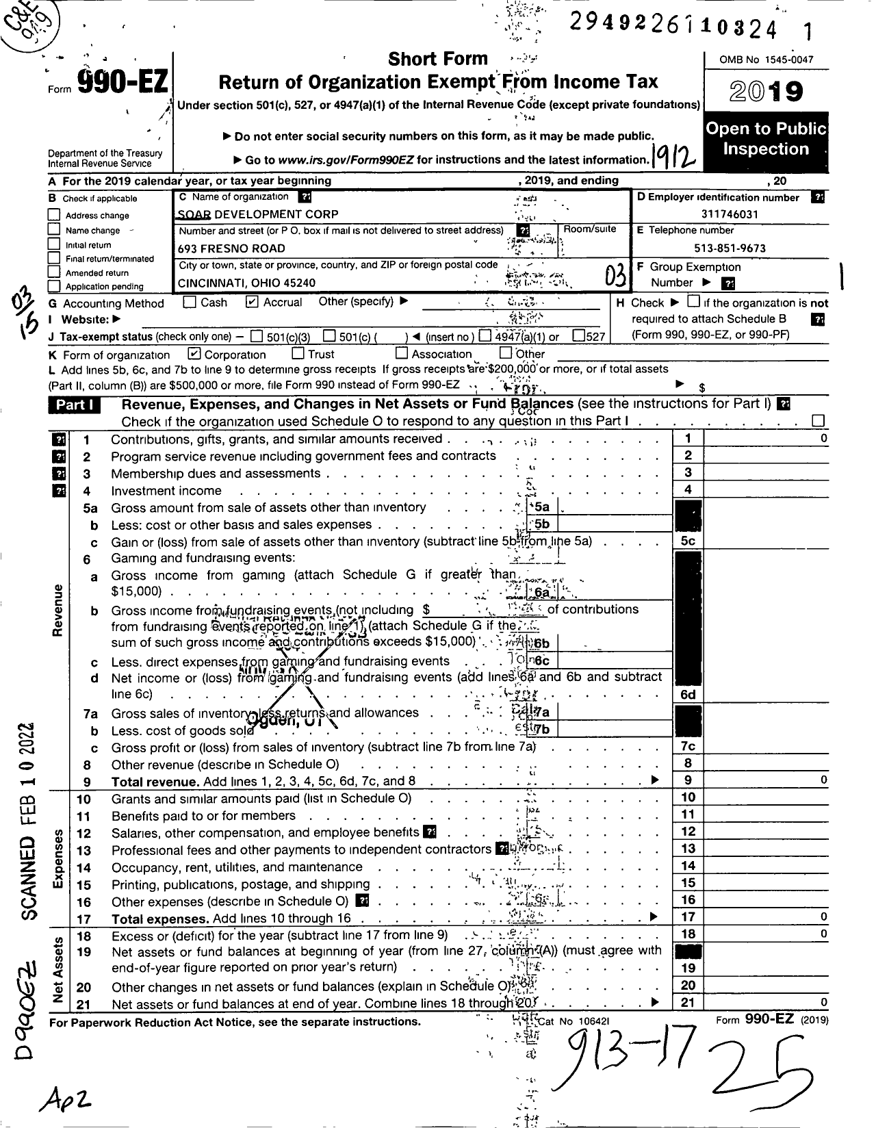 Image of first page of 2019 Form 990EZ for Soar Development Corporation