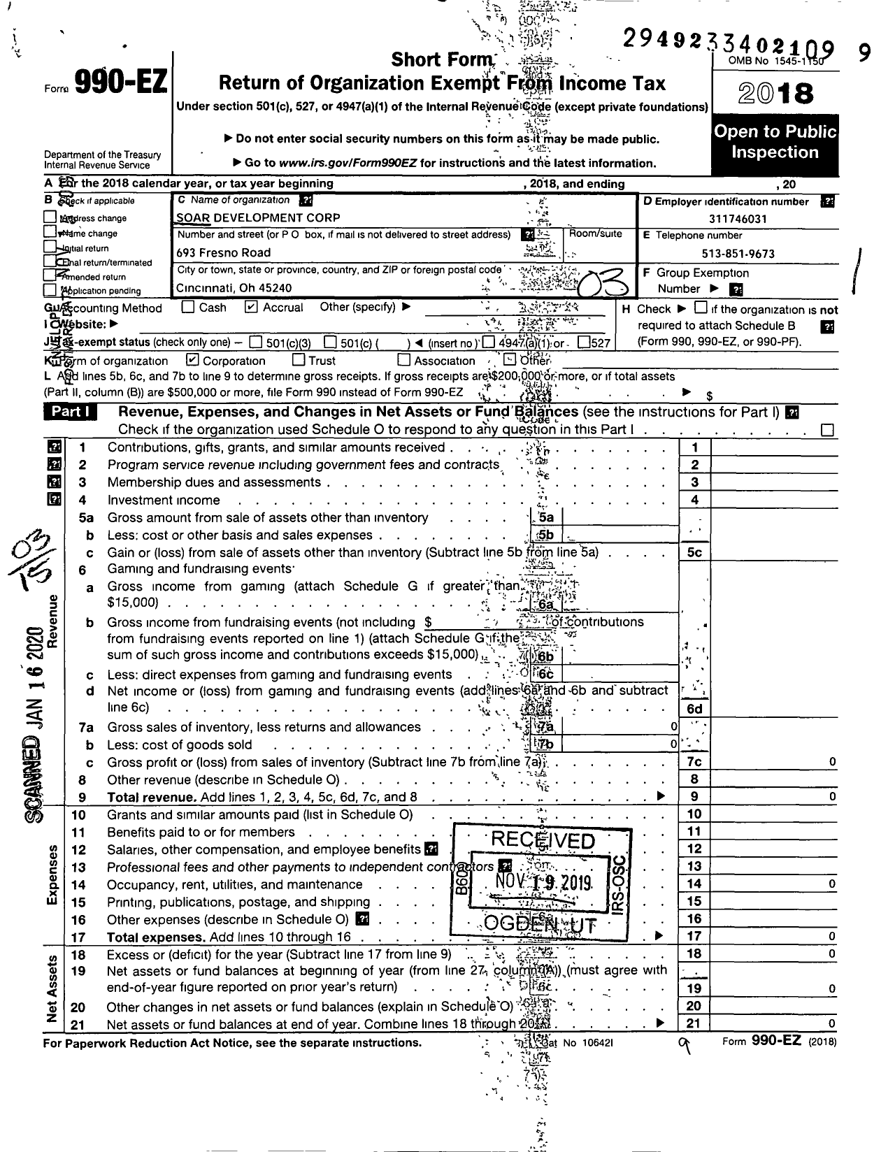 Image of first page of 2018 Form 990EZ for Soar Development Corporation