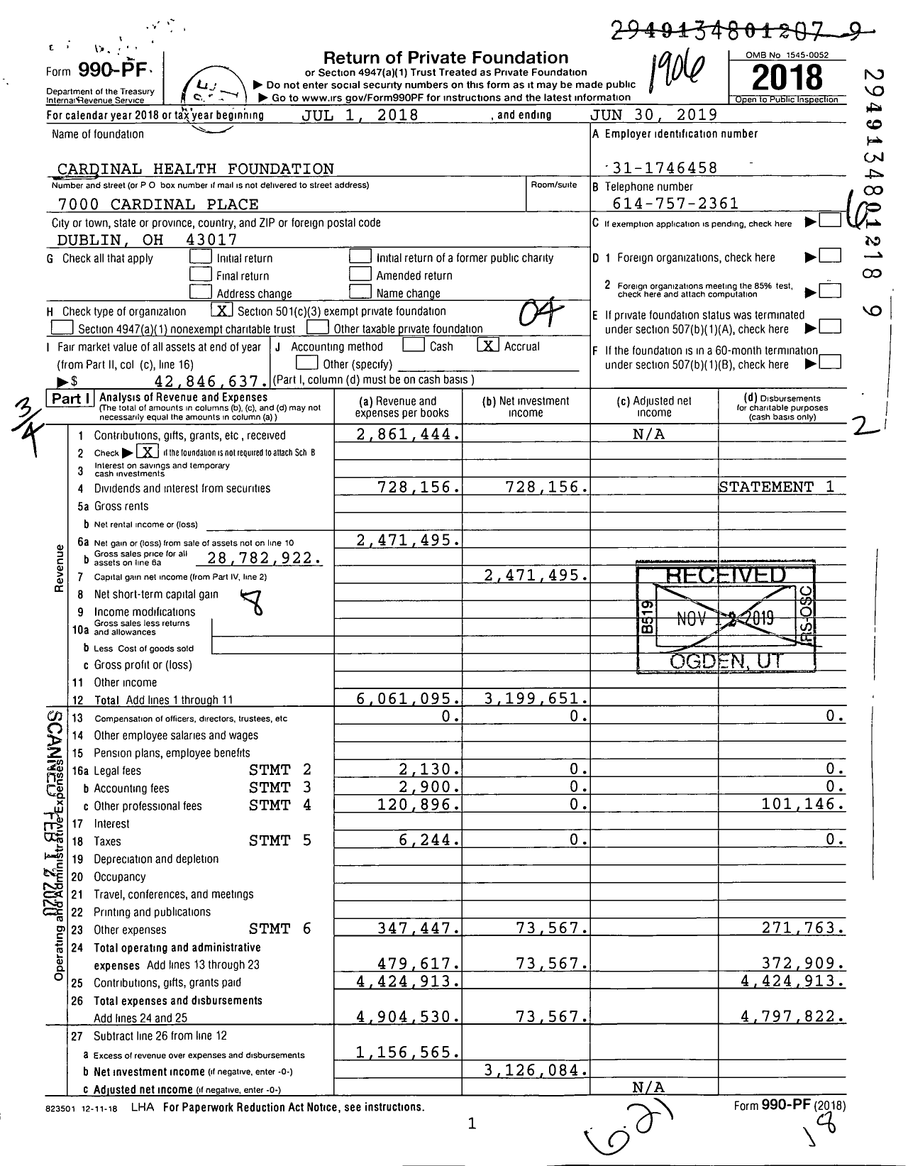Image of first page of 2018 Form 990PF for Cardinal Health Foundation