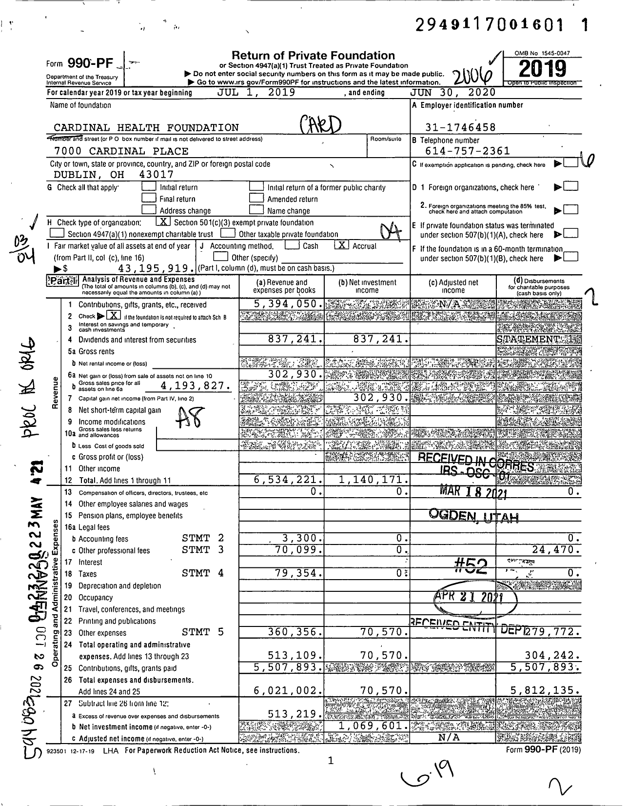 Image of first page of 2019 Form 990PF for Cardinal Health Foundation