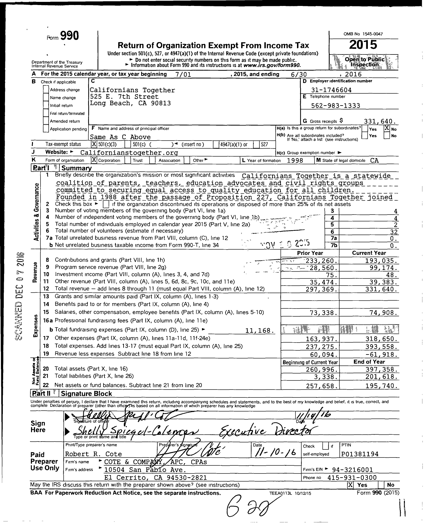 Image of first page of 2015 Form 990 for Californians Together
