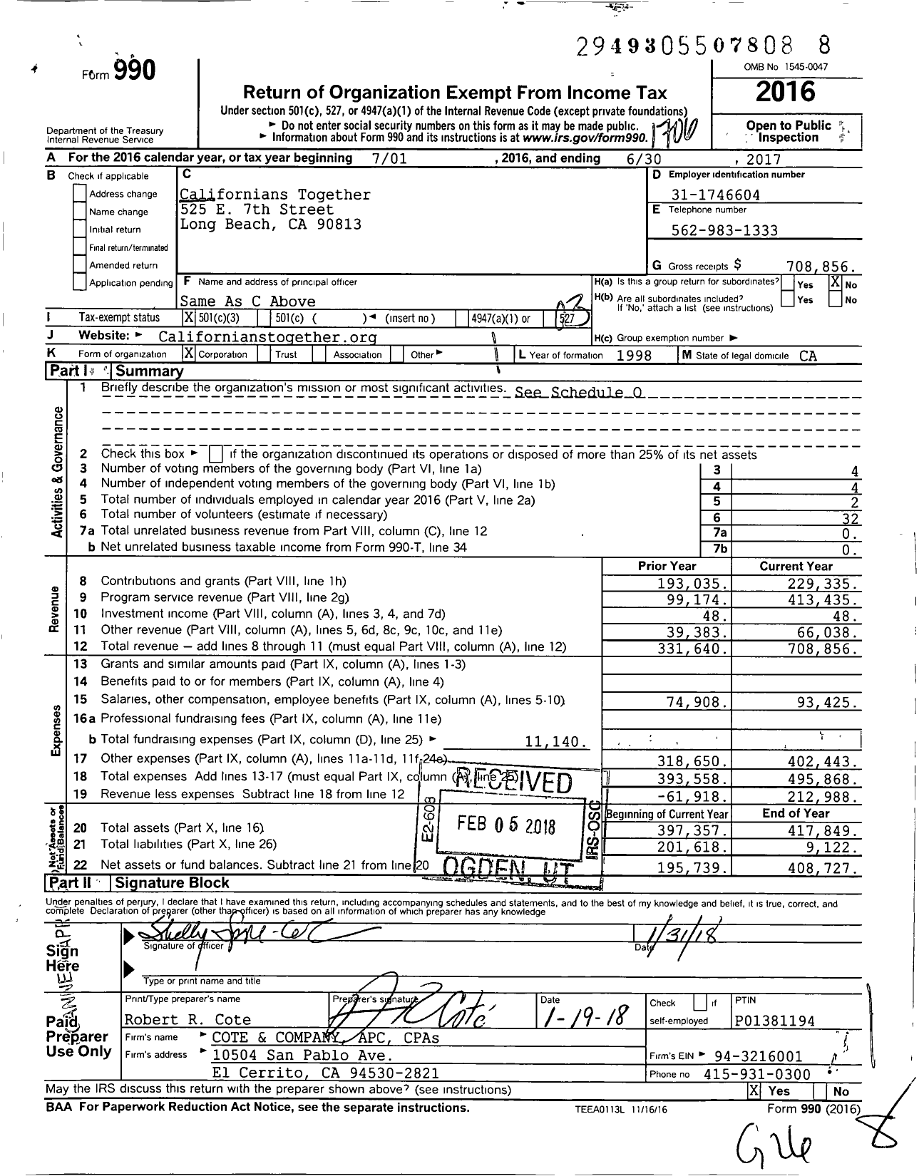 Image of first page of 2016 Form 990 for Californians Together