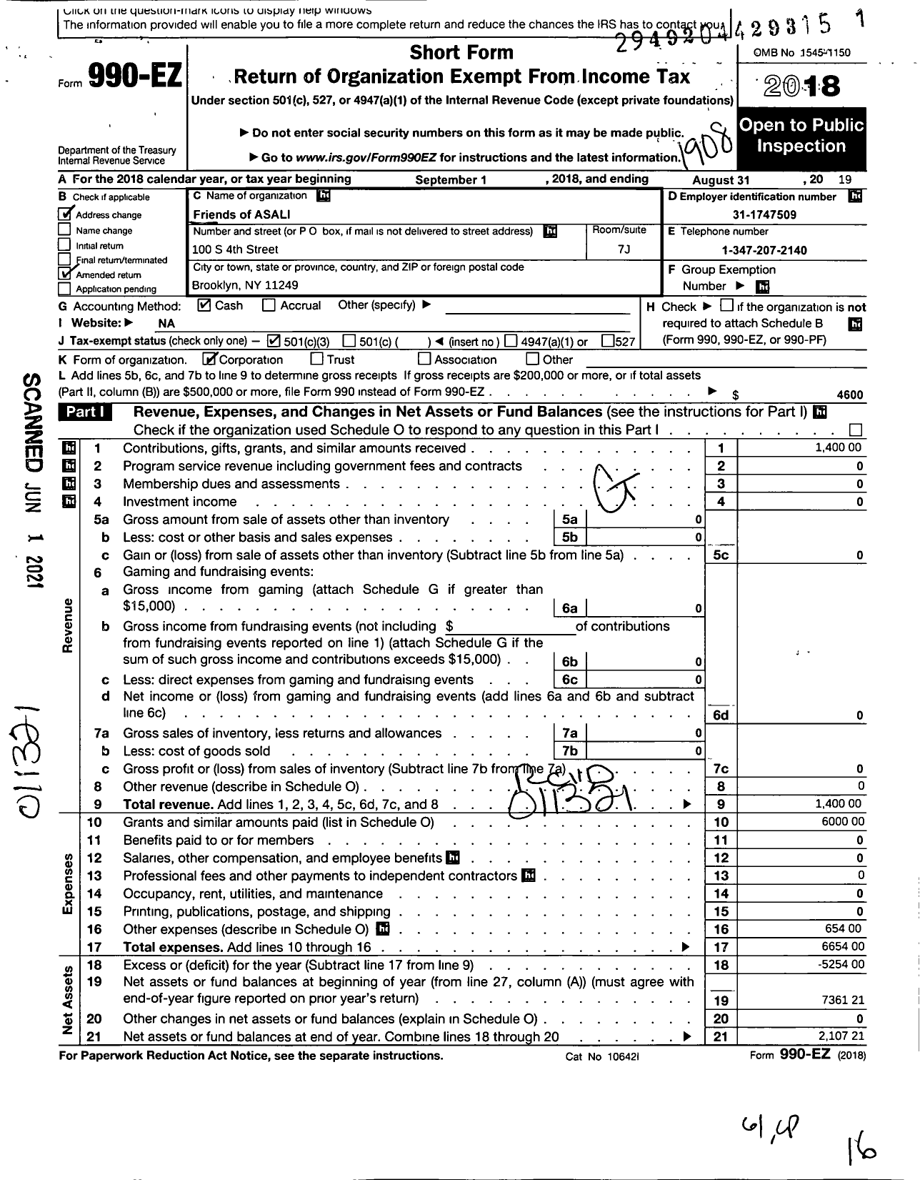 Image of first page of 2018 Form 990EZ for Friends of Asali