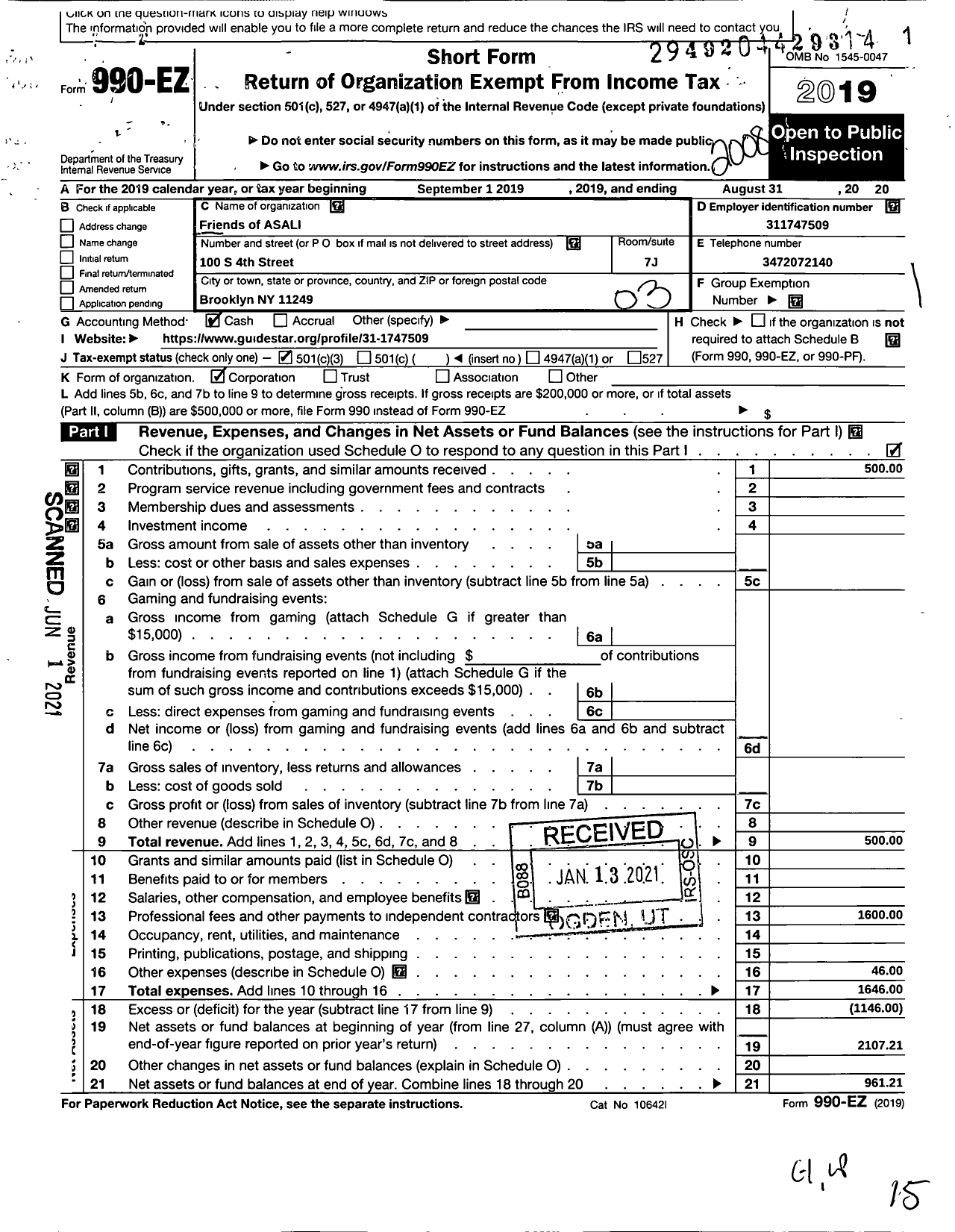 Image of first page of 2019 Form 990EZ for Friends of Asali