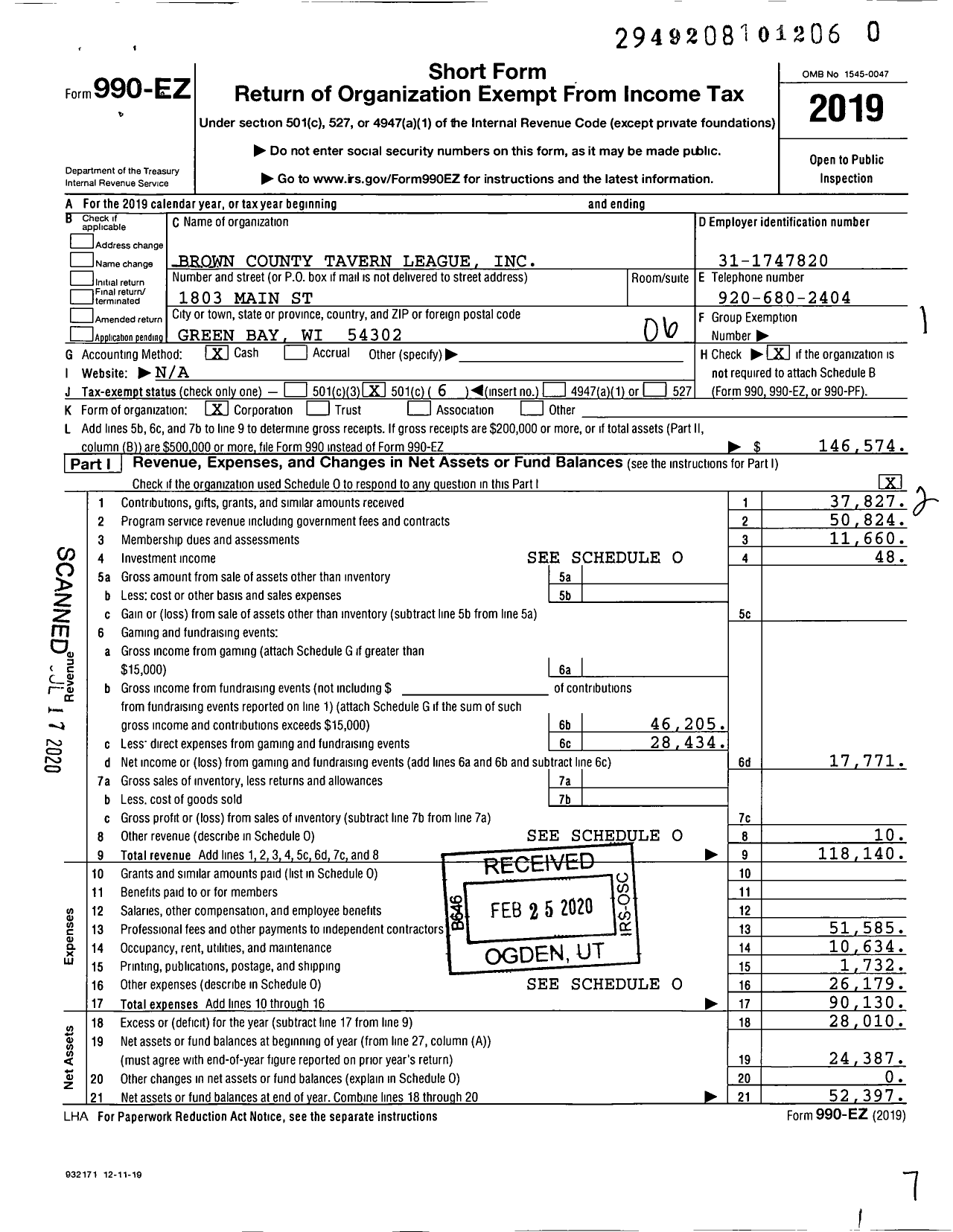 Image of first page of 2019 Form 990EO for Brown County Tavern League