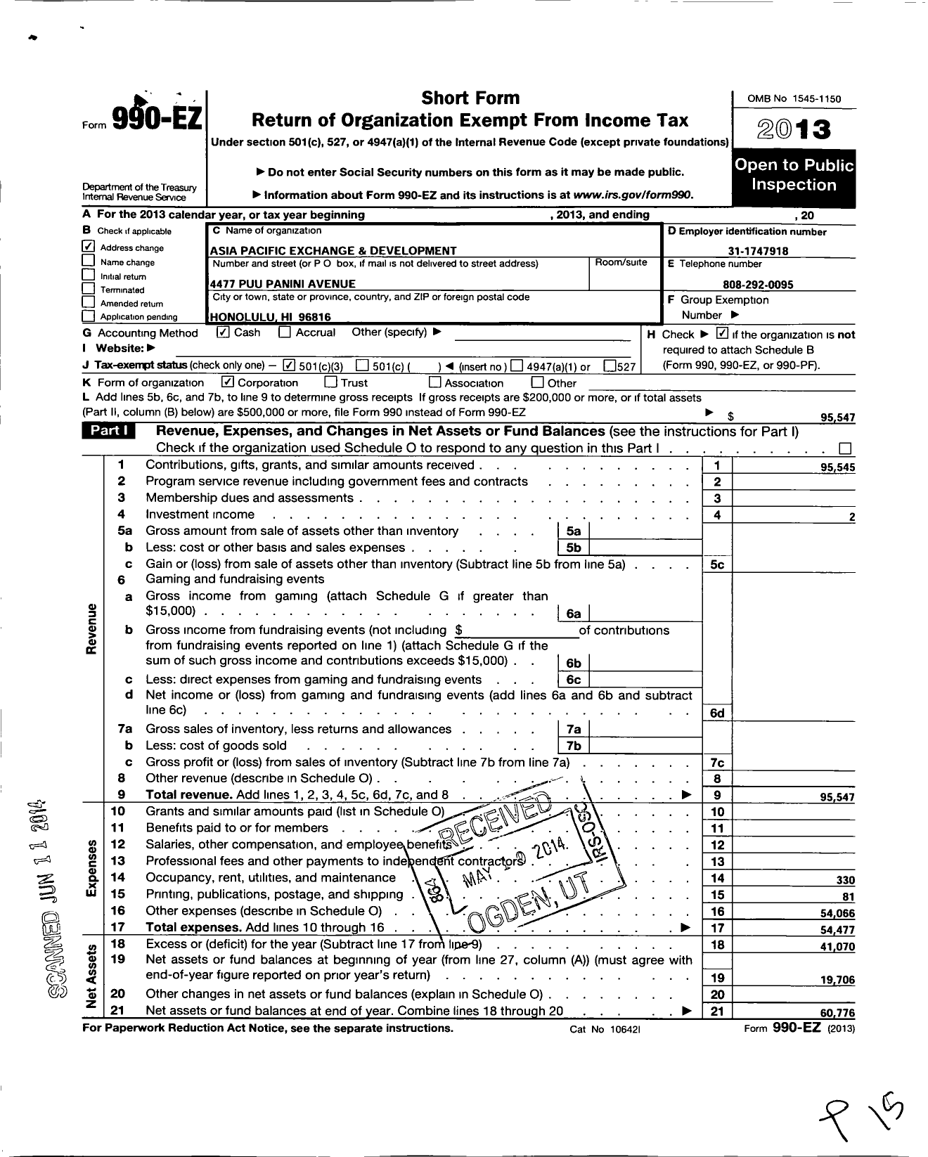 Image of first page of 2013 Form 990EZ for Asia Pacific Exchange and Development