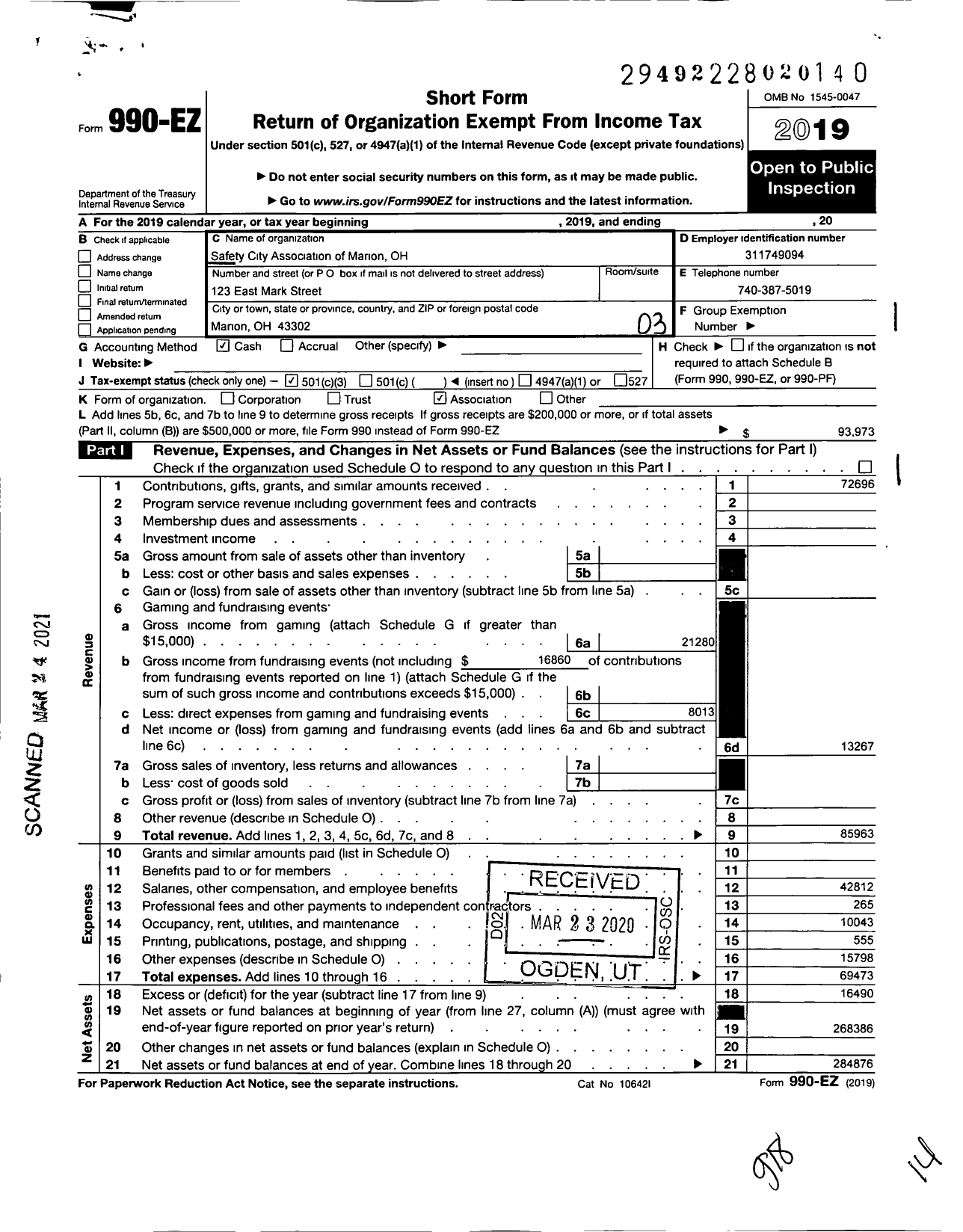 Image of first page of 2019 Form 990EZ for Safety City of Marion Ohio