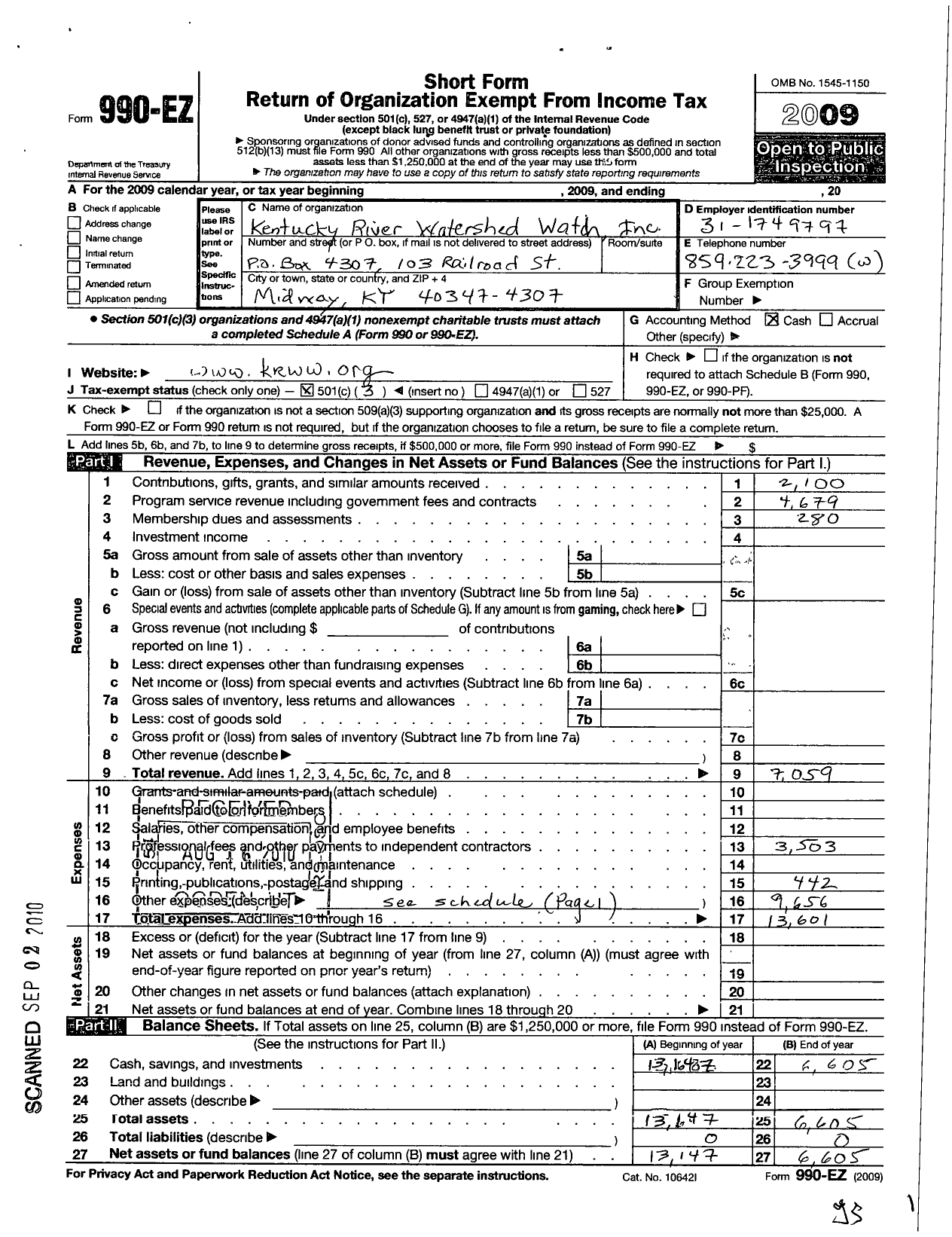 Image of first page of 2009 Form 990EZ for Kentucky River Watershed Watch