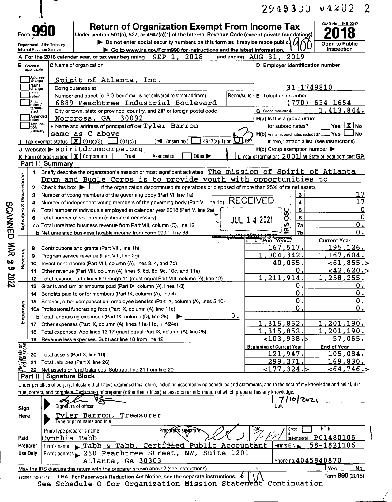 Image of first page of 2018 Form 990 for Spirit of Atlanta Drum and Bugle Corps (SOA)