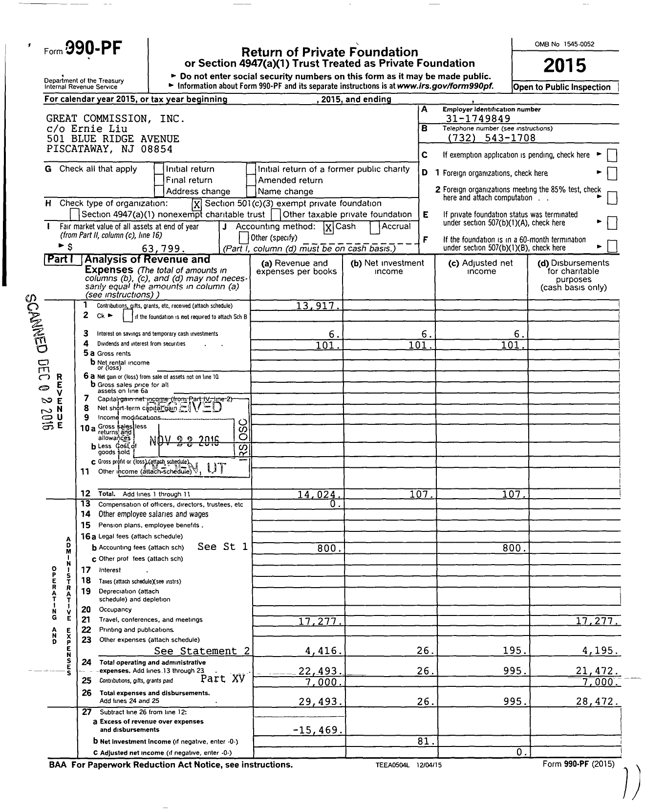 Image of first page of 2015 Form 990PF for Great Commission