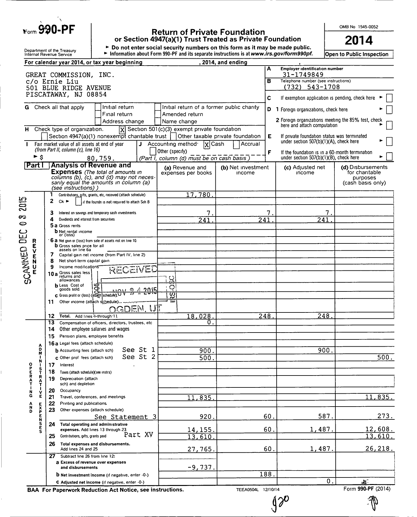 Image of first page of 2014 Form 990PF for Great Commission