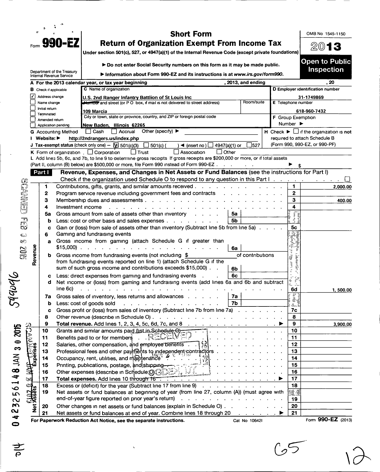 Image of first page of 2013 Form 990EZ for Us 2nd Ranger Infantry Battalion of St Louis