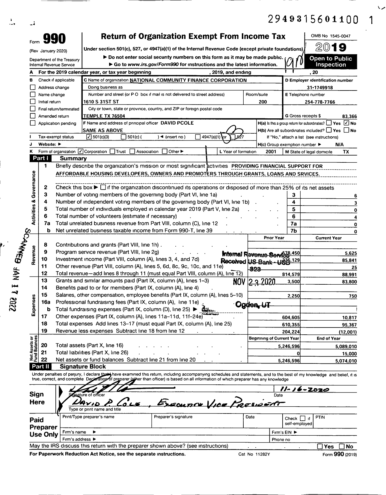 Image of first page of 2019 Form 990 for National Community Finance Corporation