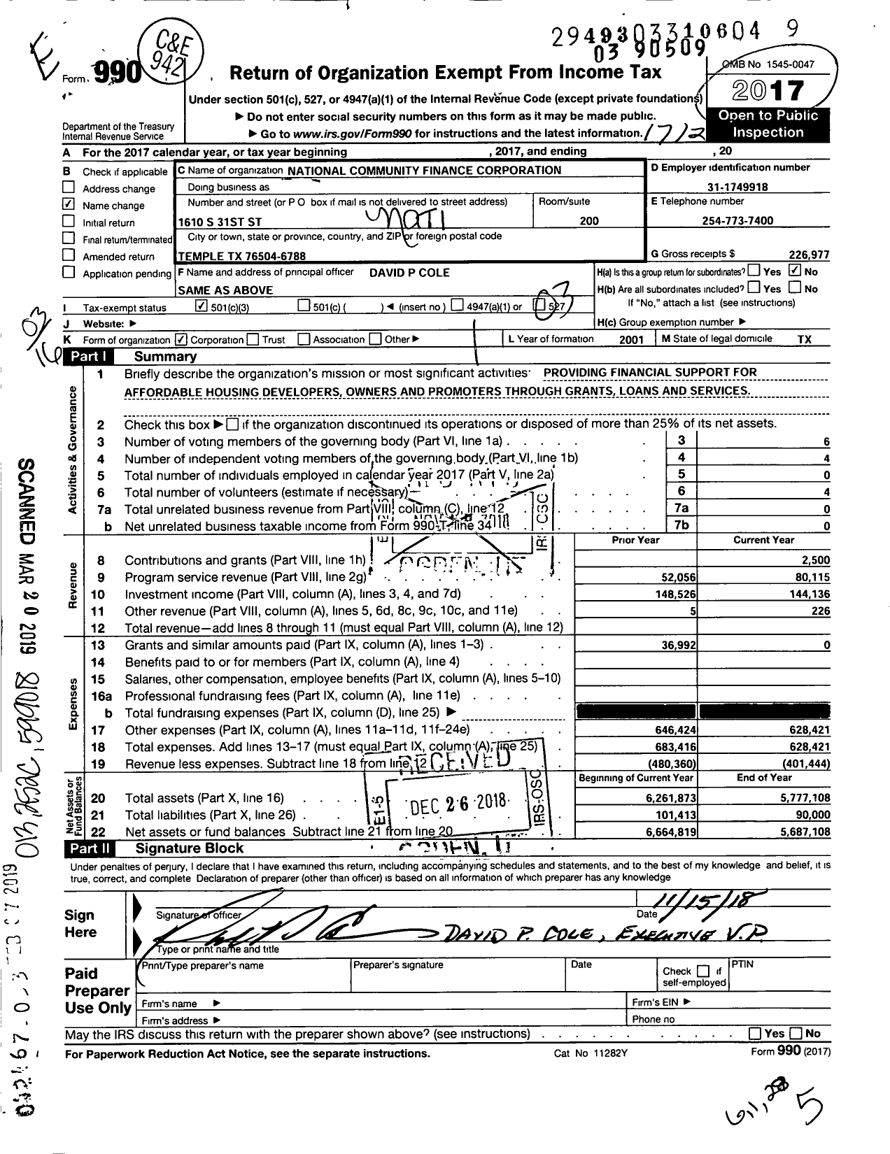 Image of first page of 2017 Form 990 for National Community Finance Corporation