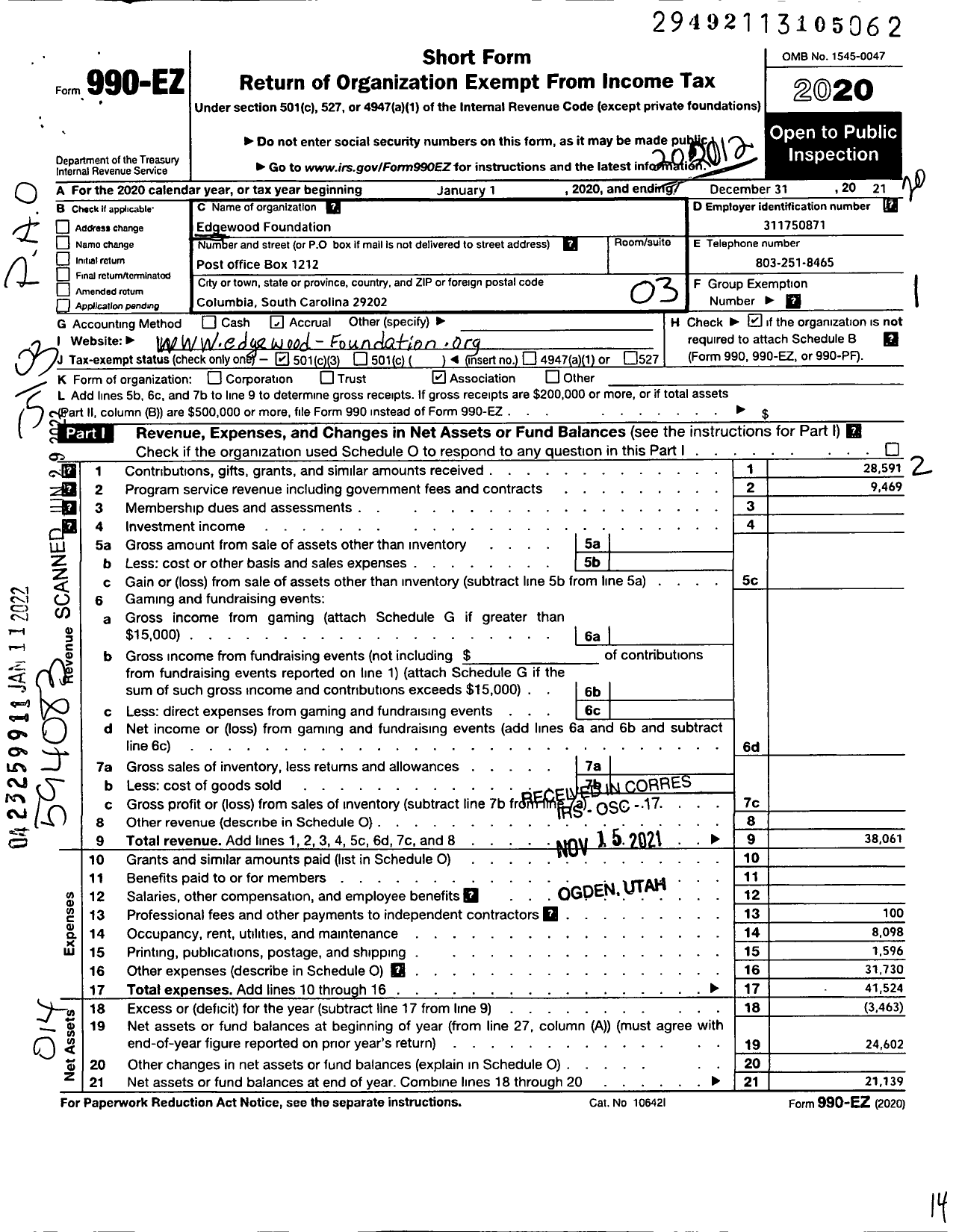 Image of first page of 2020 Form 990EZ for Edgewood FOUNDATION Edgewood FOUNDATION