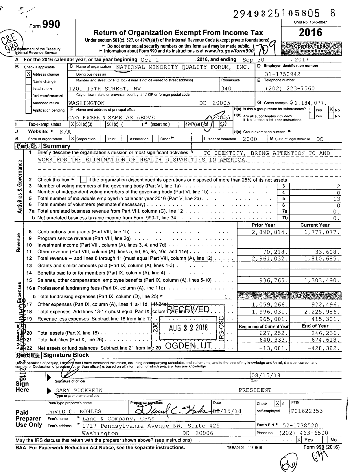 Image of first page of 2016 Form 990 for National Minority Quality Forum