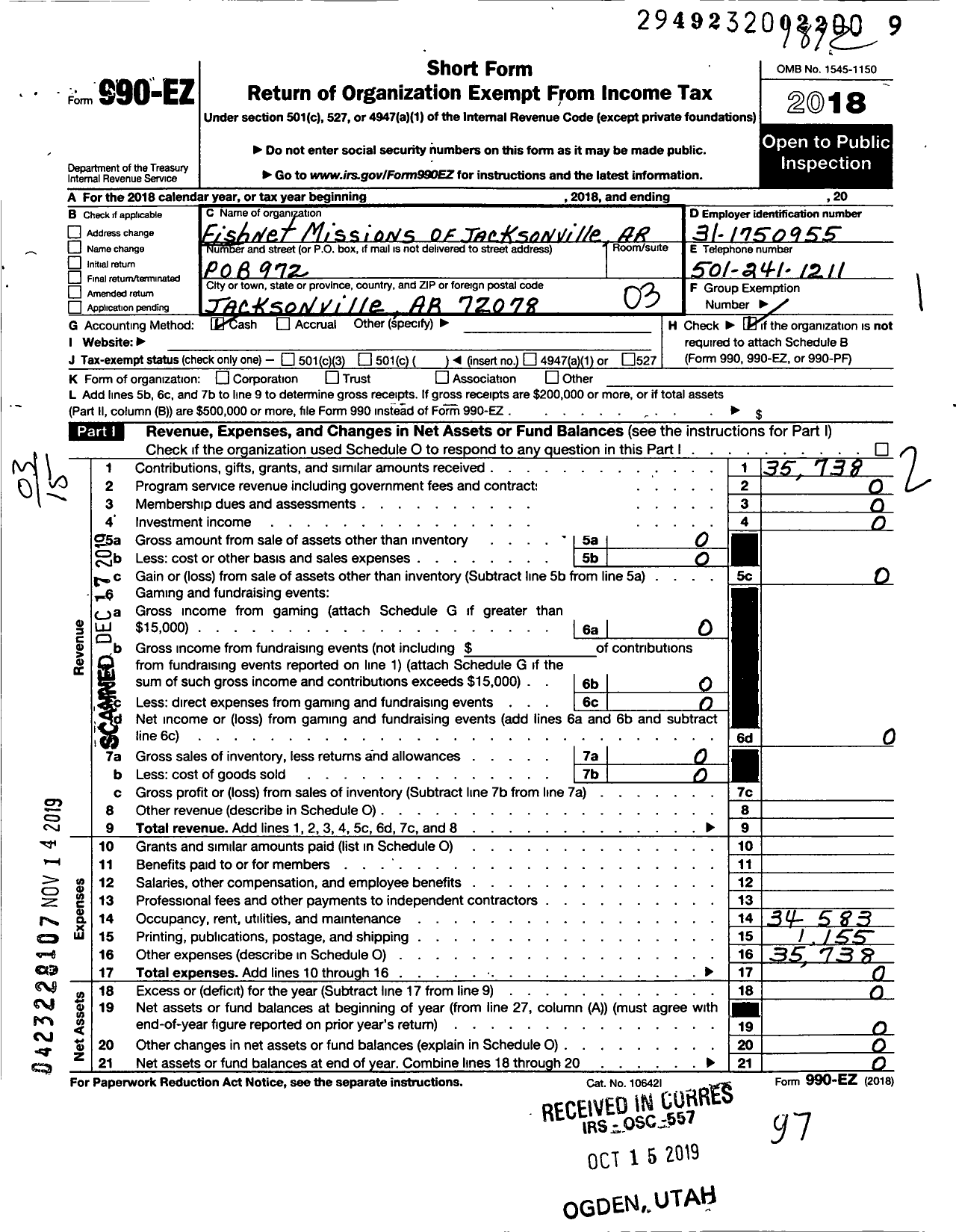 Image of first page of 2018 Form 990EZ for Fishnet Missions