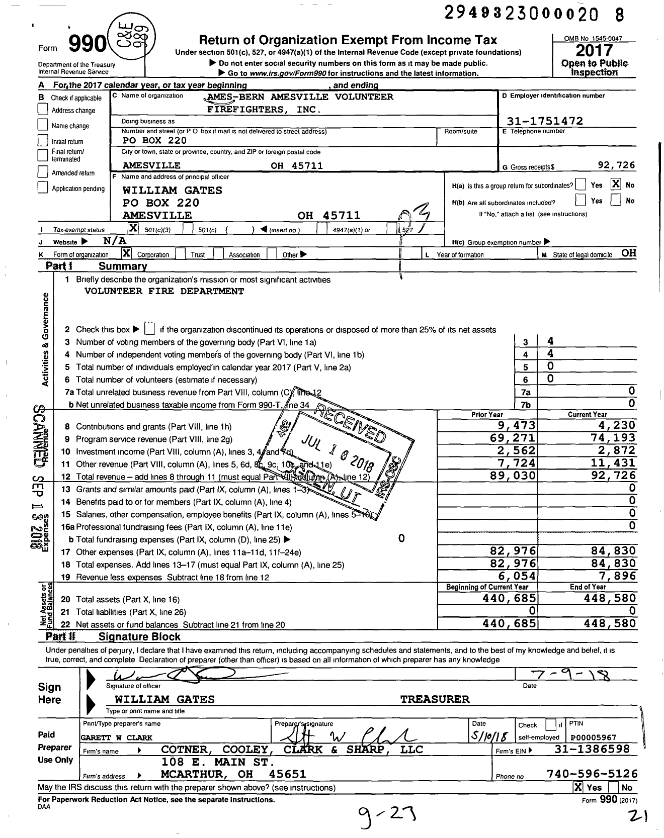 Image of first page of 2017 Form 990 for Ames Bern Amesville Volunteer Firefighters F