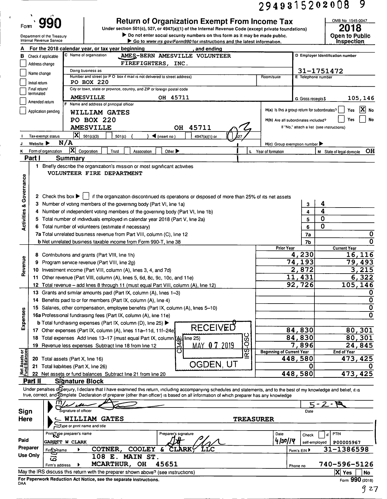 Image of first page of 2018 Form 990 for Ames Bern Amesville Volunteer Firefighters F