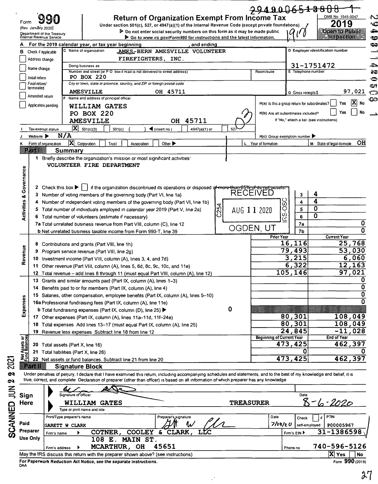 Image of first page of 2019 Form 990 for Ames Bern Amesville Volunteer Firefighters F