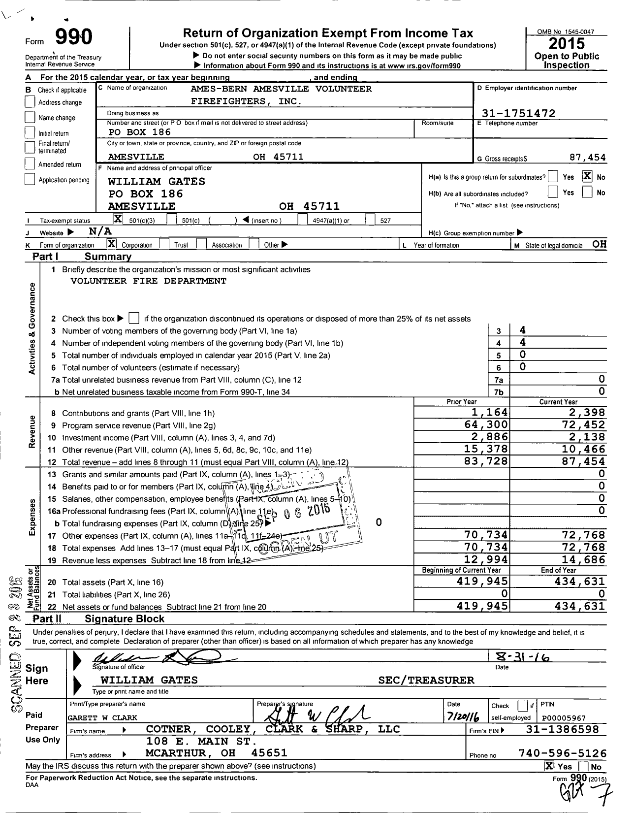 Image of first page of 2015 Form 990 for Ames Bern Amesville Volunteer Firefighters F