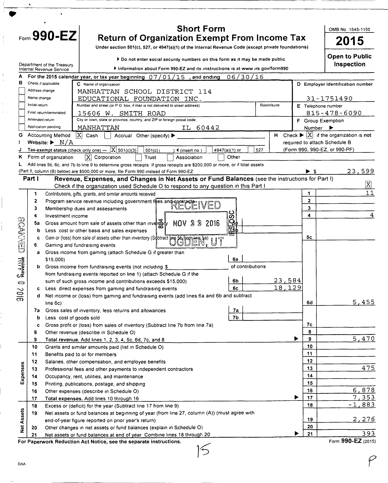 Image of first page of 2015 Form 990EZ for Manhattan School District 114 Educational Foundation