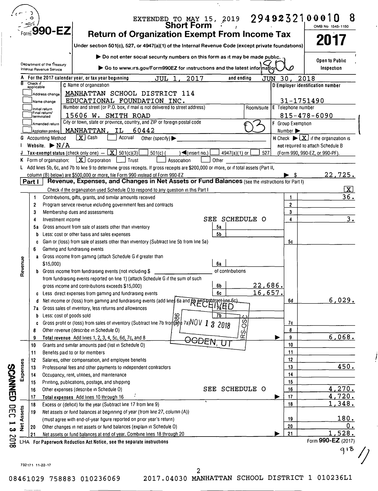 Image of first page of 2017 Form 990EZ for Manhattan School District 114 Educational Foundation