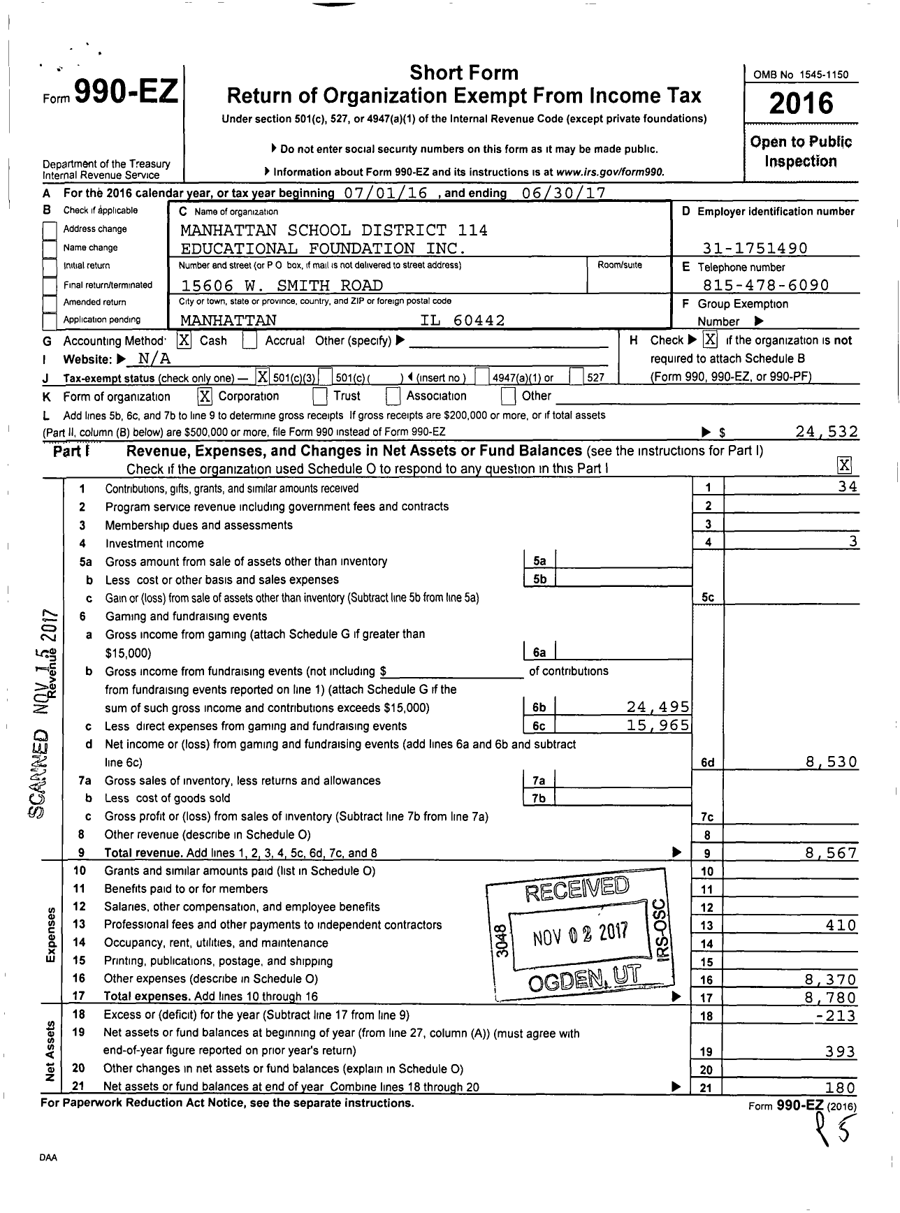 Image of first page of 2016 Form 990EZ for Manhattan School District 114 Educational Foundation