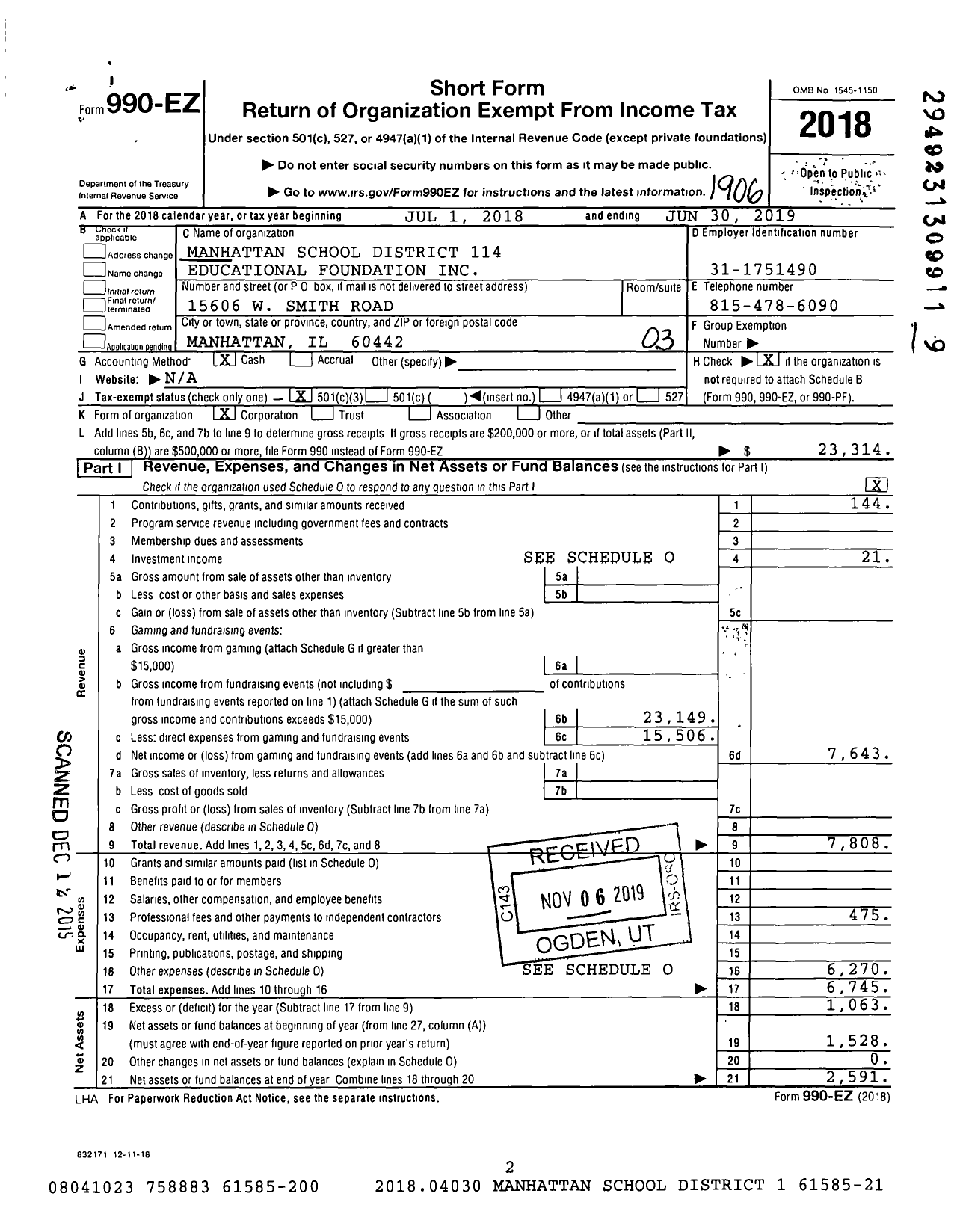 Image of first page of 2018 Form 990EZ for Manhattan School District 114 Educational Foundation